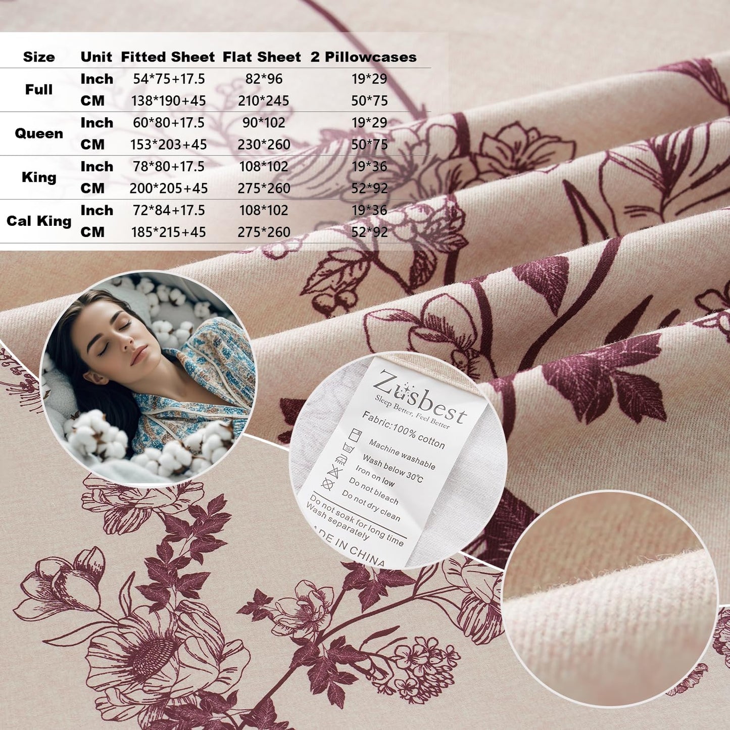 Zusbest Queen Sheet Set 100% Percale Cotton Red Floral Bed Sheet Set, Brushed for Extra Softness, Luxury Toile Flannel Like Sheets Shabby Vintage Flower Print Deep Pocket Sheets 17.5'' 4 Pcs