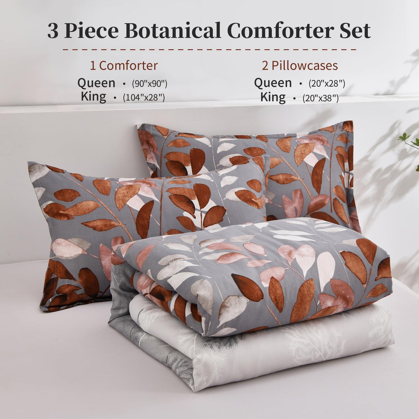DJY Brown Comforter Set King, Botanical Leaves Comforter for King Bed 3 Pieces Reversible Floral Bed Comforter Sets Soft Microfiber Bedding Set for All Season (104"x90")