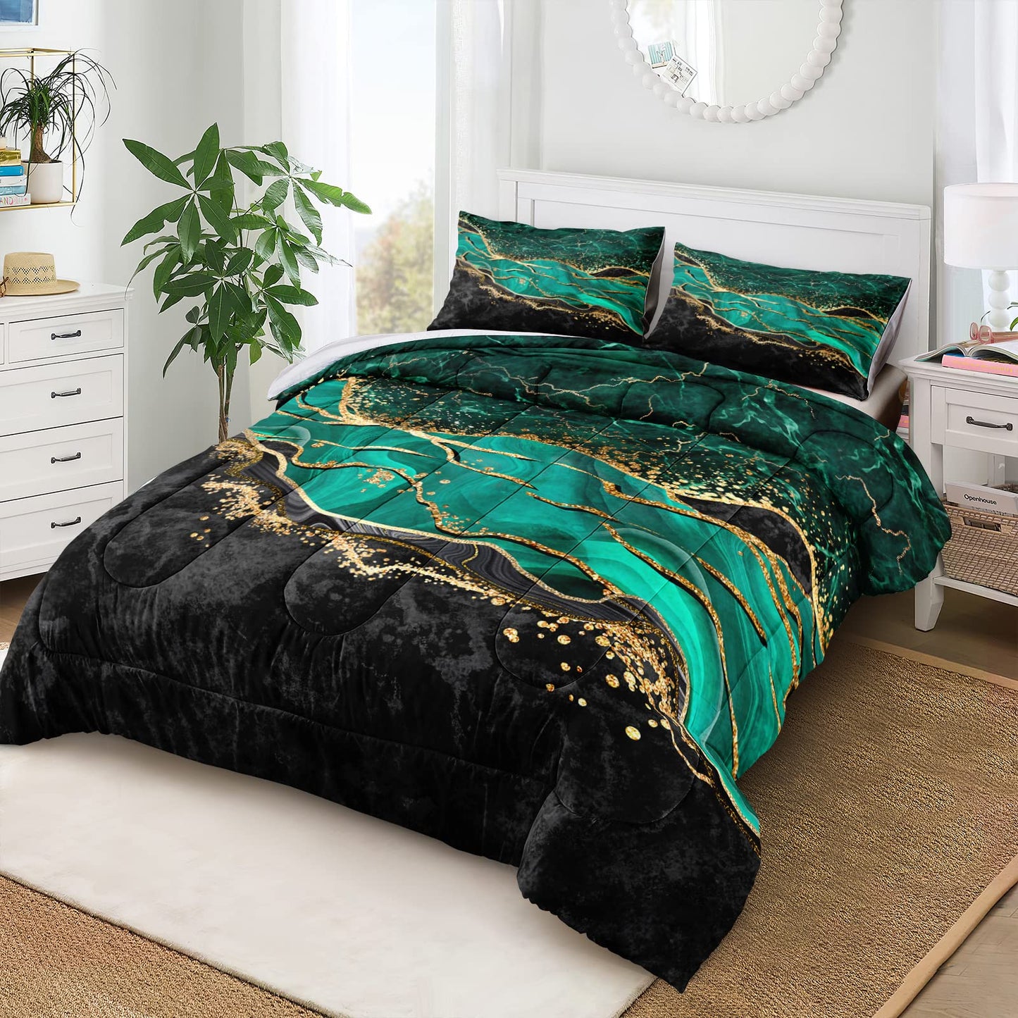 Queen Comforter Set Emerald Green, Marble Bedding Comforter Set, Metallic Foil Print Black Gold Bedding Dark Green Abstract Modern Comforter Set