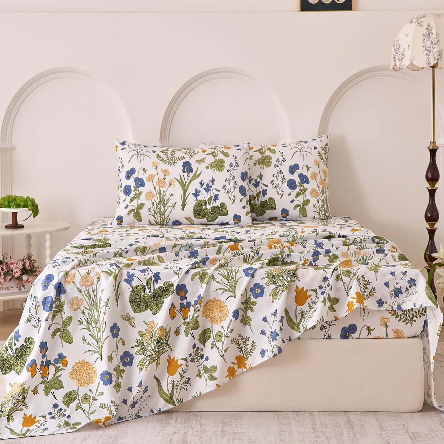 Huborise Green Floral Bed Sheets Set King Size 100% Percale Cotton Yellow & Blue Flower Printed Sheets, Soft & Breathable, Leaf Pattern Botanical Bedding Luxury Deep Pocket Fitted Sheet 17.5" 4 Pcs