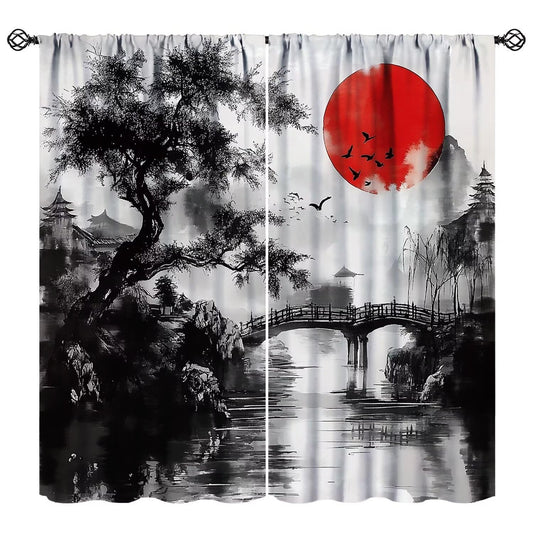 XBDDZSW Japanese Asian Curtain Watercolor Black Red Chinese Mountain Sun Tree Scenery Ink Pattern Print Bedroom Living Room Rod Pocket Window Drapes 2 Panels W42xL45 Inch Decor