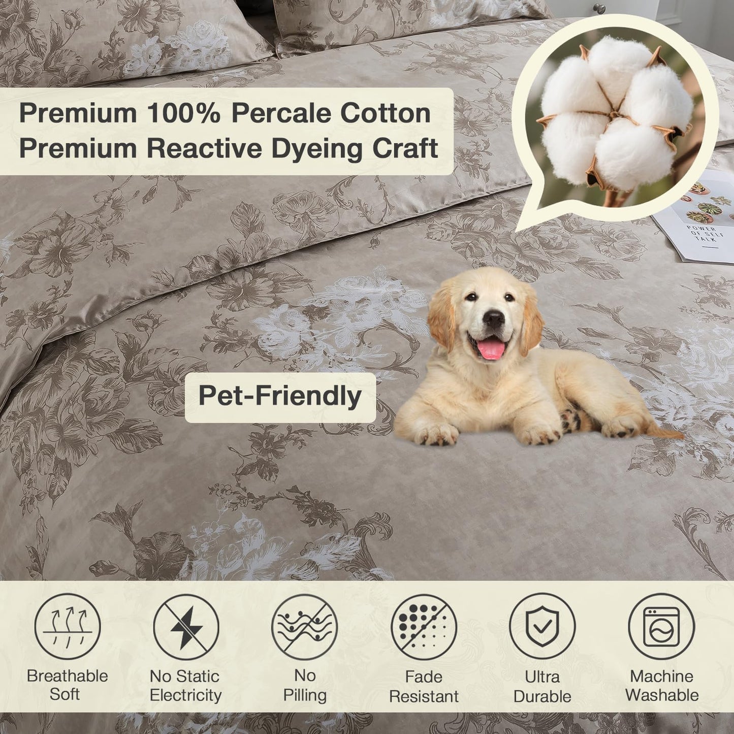 Puralens Dark Beige Moody Floral Duvet Cover, King 100% Cotton Percale Neutral Flower Comforter Cover Set, Shabby Chic Cottage Reversible Toile Bed Cover Set with Ties, Farmhouse Zipper Bedding, 3Pcs
