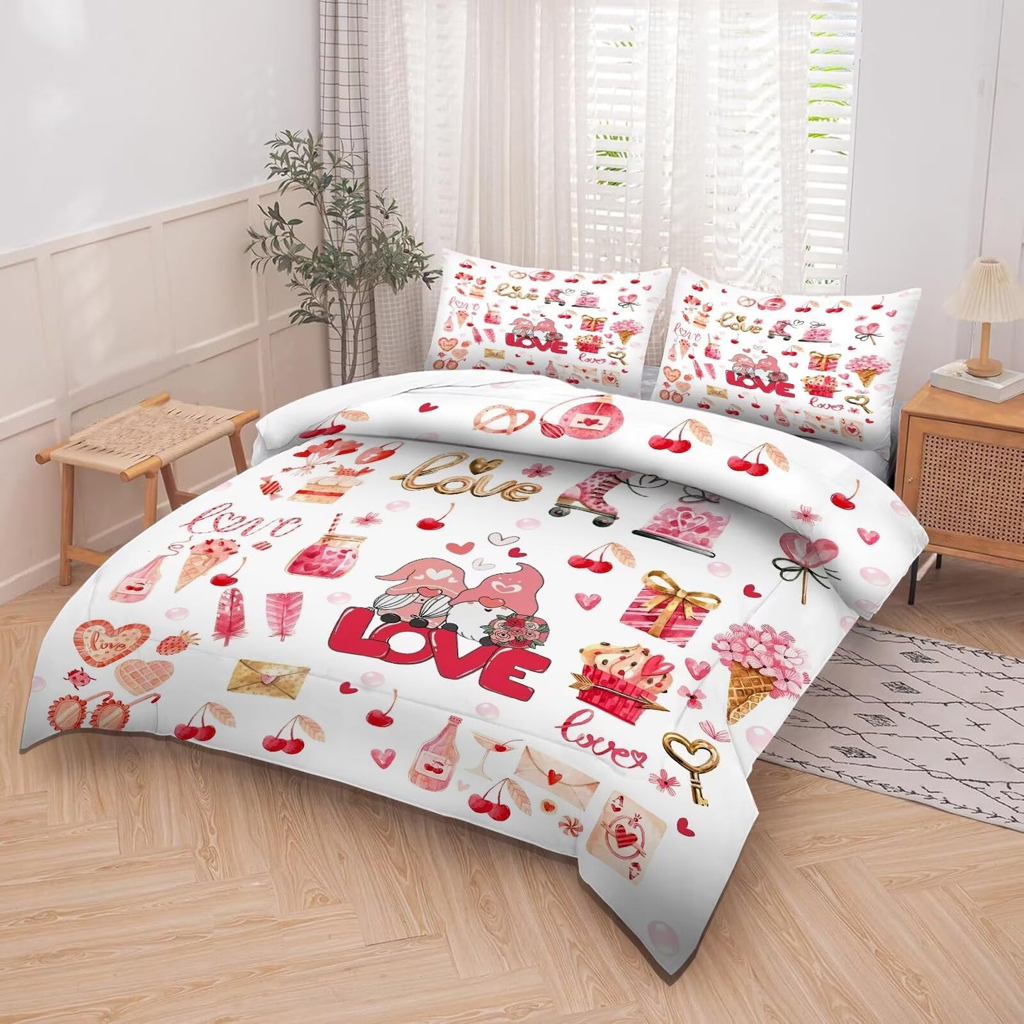 kxry Lightweight Love Comforter Sets Valentines Day Romantic King Size Bedding Set 3 Pcs with 1 Comforter and 2 Pillowcases Soft Kawaii Cartoon Comforter Heart Soft Warm Quilt