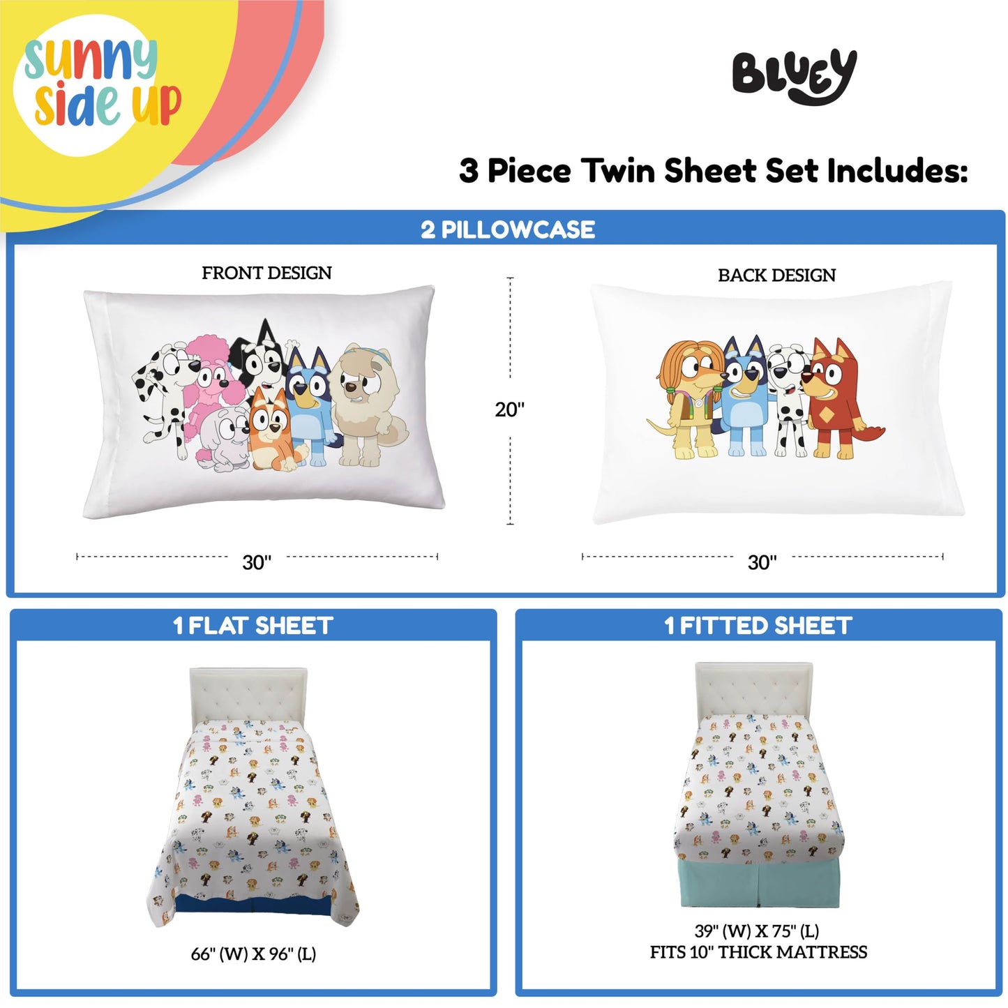 Sunny Side Up Bluey & Friends Twin Sheet Set - 3 Piece Kids Bedding Set Includes Pillow Cover - Super Soft Microfiber Sheets