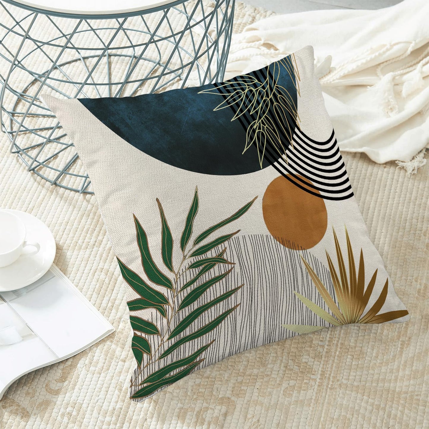 Boho Pillow Covers 18x18 Set of 2 Green Gold Navy Blue Throw Pillow Covers Outdoor Decoration Mid Century Bohemian Style Tropical Leaf Pillowcase Farmhouse Decorative Cushion Case For Home Sofa