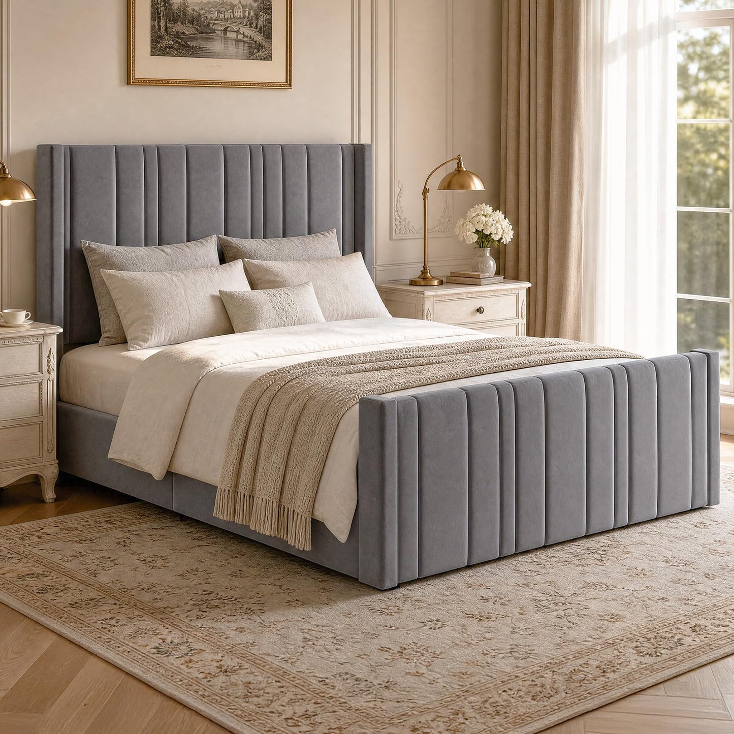 HOMBCK Full Size Bed Frame, Velvet Upholstered Platform Bed Frame Full with Vertical Channel Tufted Headboard & Footboard, Wooden Slats/Noise Free/No Box Spring Needed/Easy Assembly, Grey