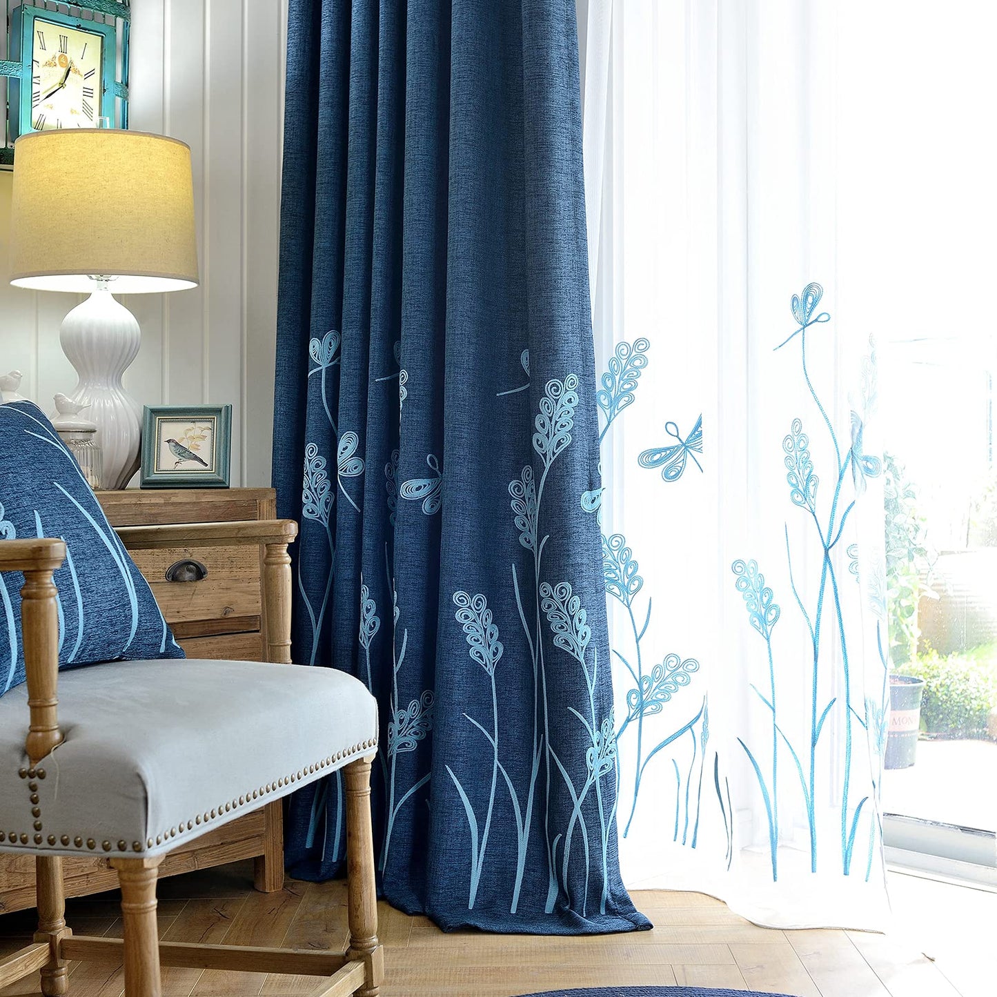 Melodieux Wheat Embroidery Linen Textured Curtain for Living Room Bedroom, Rustic Farmhouse Style Flax Drape Grommet, Blue Wheat/Navy, 52 by 84 Inch (1 Panel)