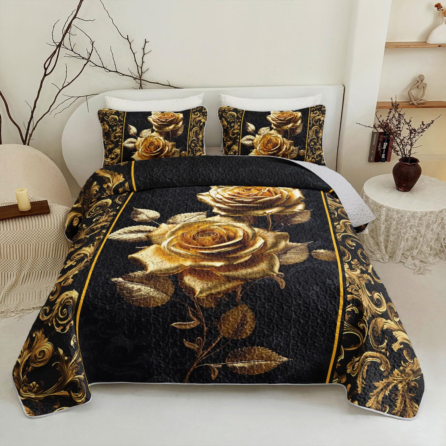 AILONEN Golden Rose Printed Quilt Set Full Size with 2 Pillowcases,Black and Gold Flower Luxury Quilted Bedspreads Soft Lightweight,Romantic Floral Bedding Set 3Pcs