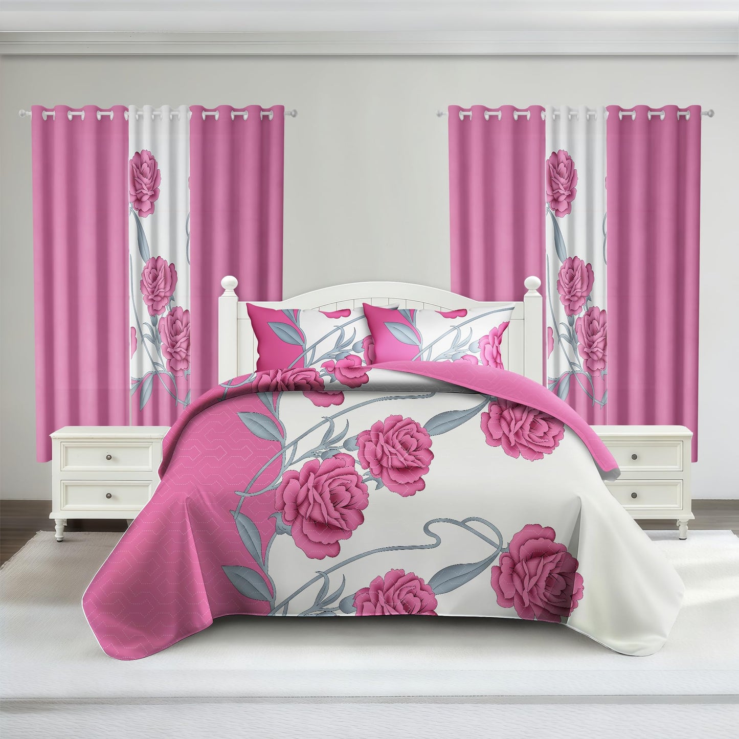 Deepsleep King Bedspread Set 9 Pieces, All Season Luxury Bed in a Bag for Bedroom, with 2 Pillowcases and 6 Curtains, Ultra-Soft Microfiber for Complete Bedroom Decor, Pink Rose