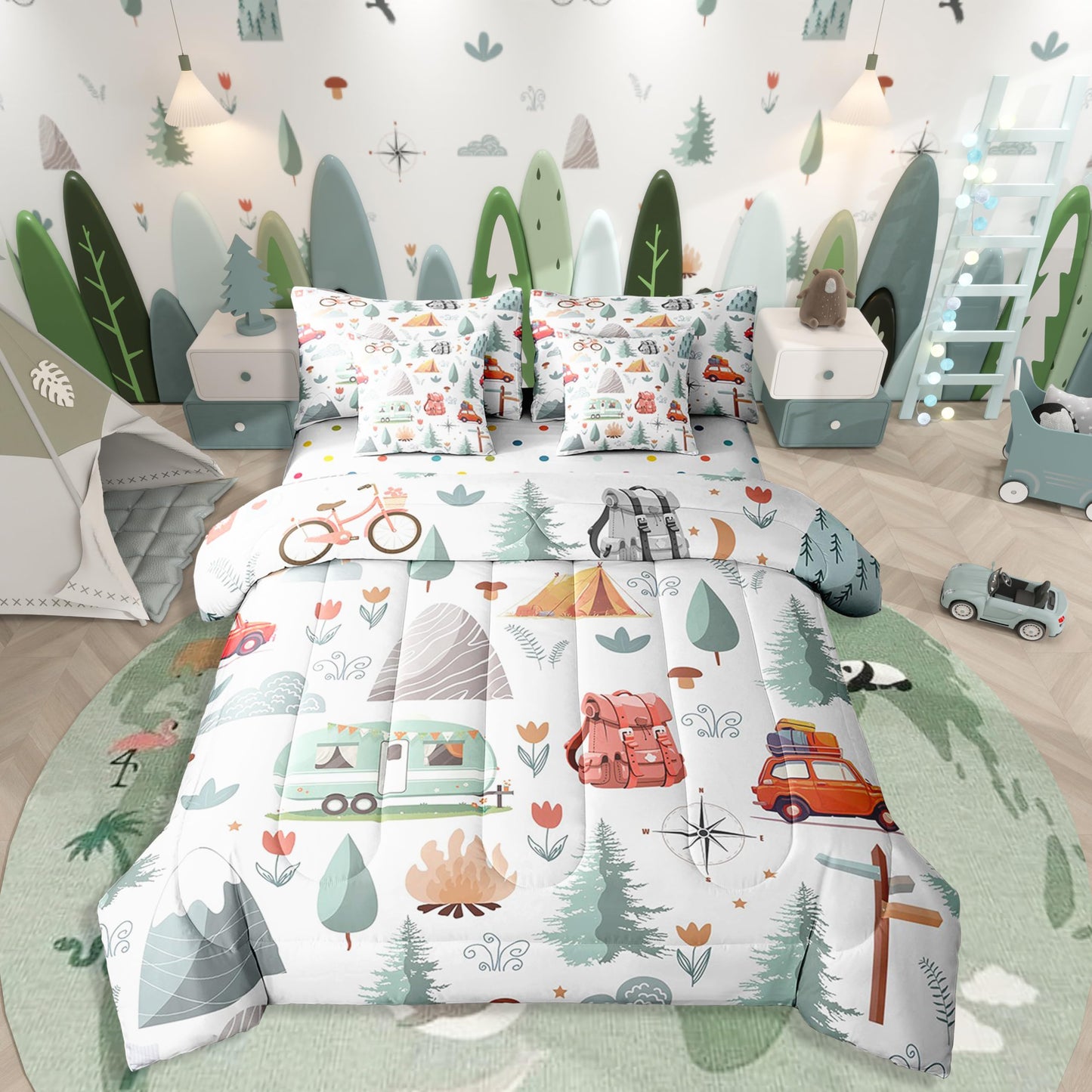 Erosebridal Kids Camper Theme 7 Pcs Comforter Set Twin Bed in a Bag,Happy Camping Bedding Set,Travel Car Rv Accessories Down Comforter,Botanical Flowers Mountain Adventure Quilt,Cute Camper Sheets