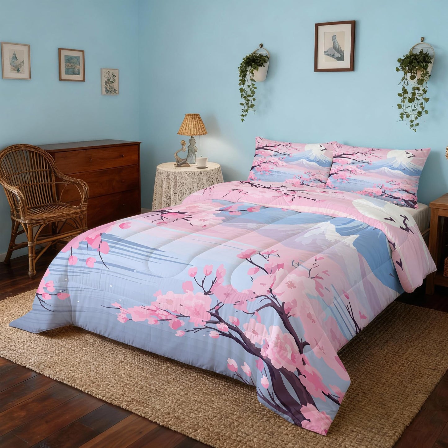 ZDABAOEC Cherry Blossom Twin Comforter Set 2 Piece, 1 Pillow Sham, Oriental Asian Japanese Reversible Down Alternative All Season Bedding, Soft Microfiber, Cherry Blossom Bedroom Decor