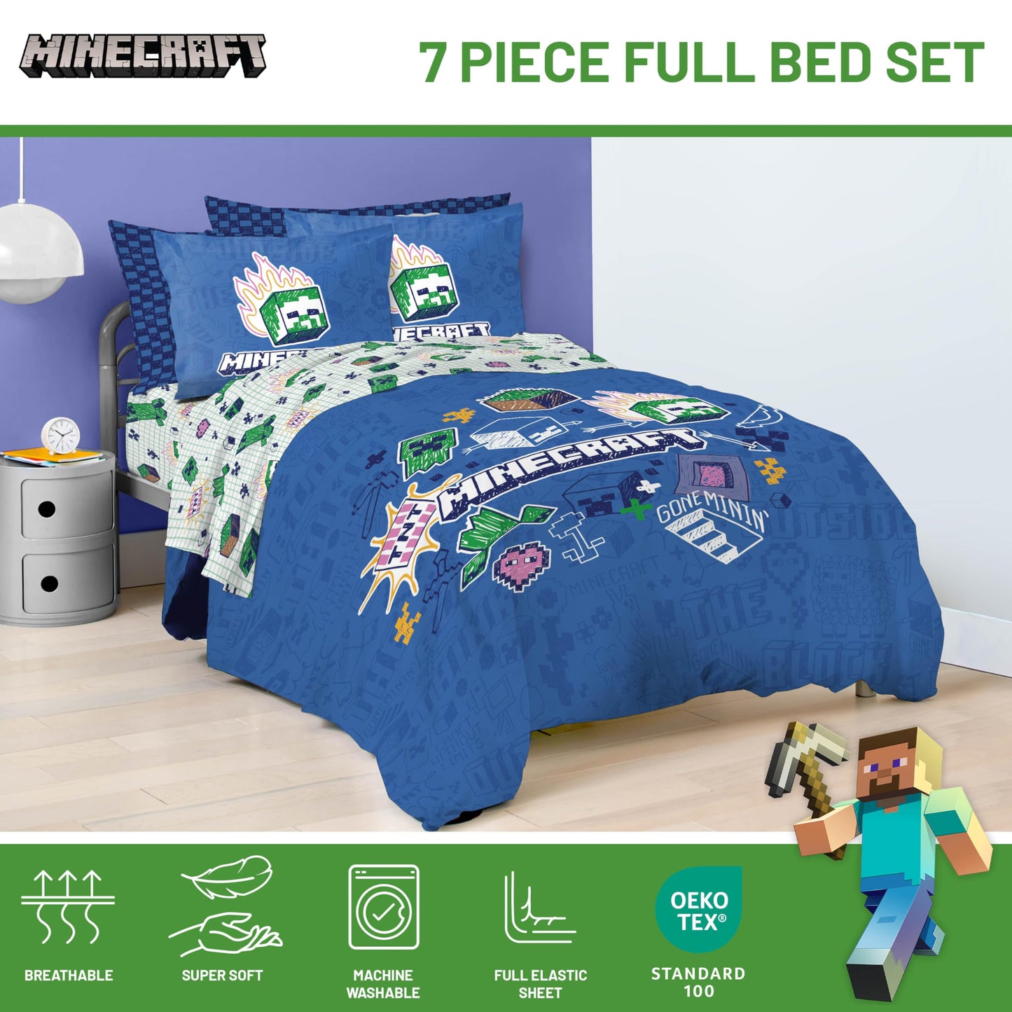 Jay Franco Kids Comforter Set Includes Sheets and Pillow Covers - Soft and Cozy Bed Set for Stylish Room Decor, Blue - Minecraft 02, 7 Piece Full Bedding