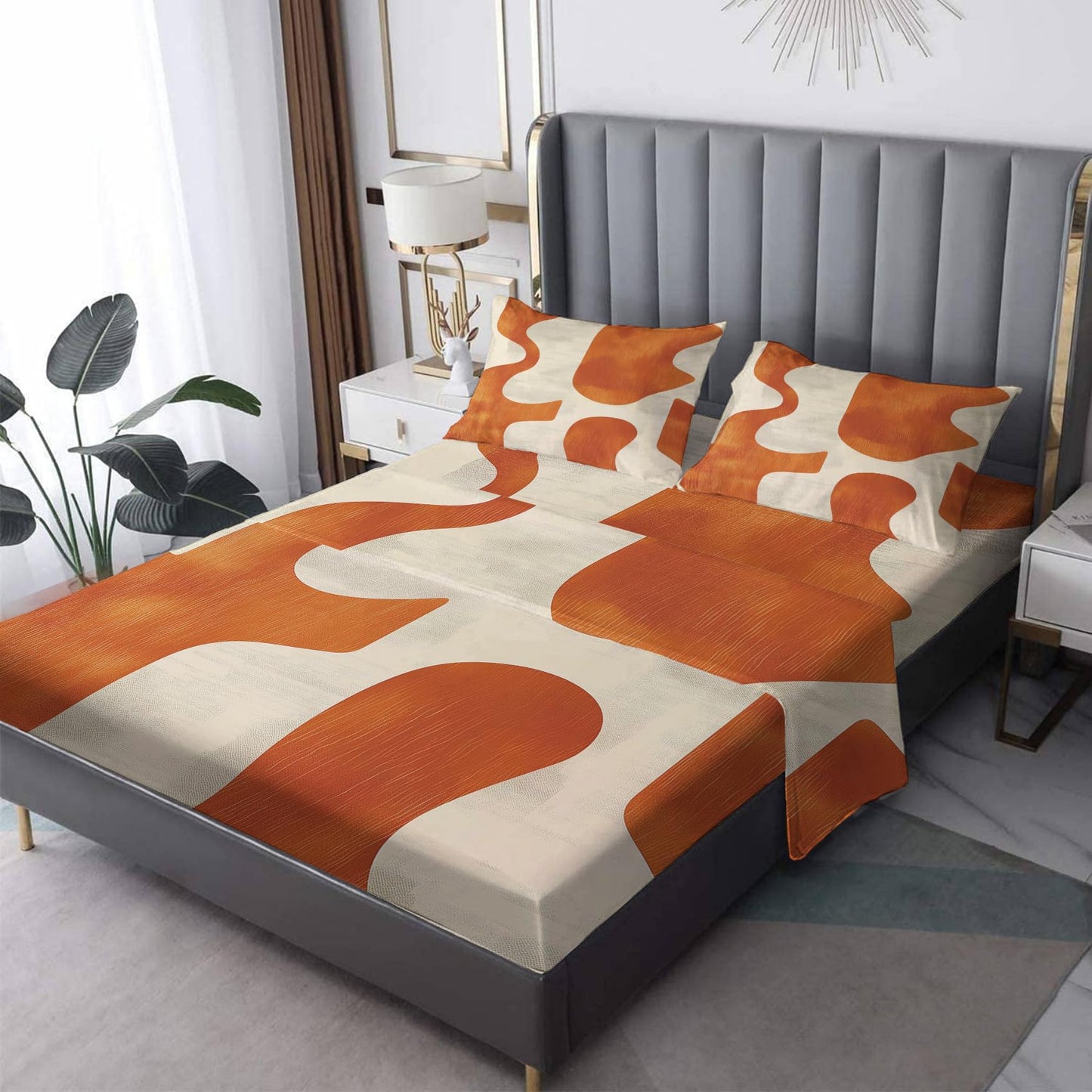 NOGAWA Abstract Sheets California King Size, Modern Bed Sheets, Bedding Sheets & Pillowcases 4 Piece Set - Soft Microfiber Deep Pocket Fitted Sheet & Flat Sheet & 2 Pillow Cases