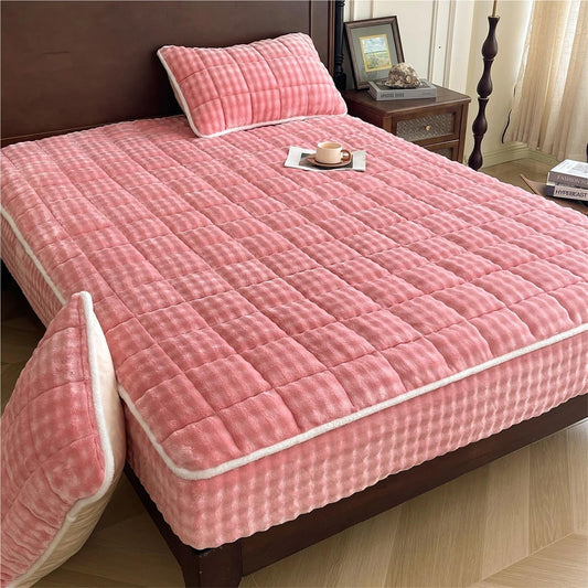 Warm Elastic Bed Sheets, Velvet Fitted Sheet, Ultra Soft Bottom Sheet 11" Deep Pocket, Embossed Plush Mattress Covers for All Beds(Pink,2*Pillow Cover)