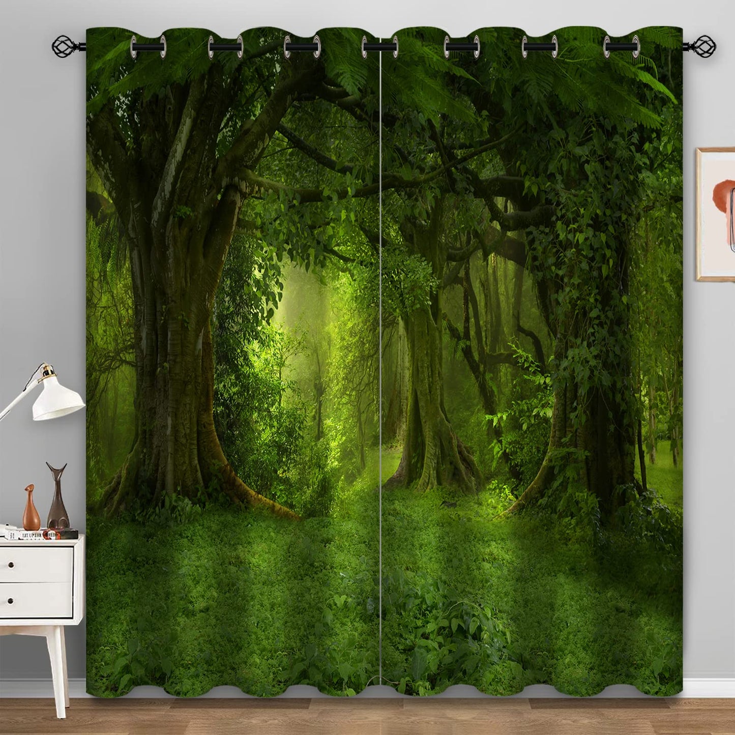 Aimego Forest Blackout Curtains Green Tree Tropical Jungle Rainforest Woodland Window Drapes Decor for Bedroom Living Room Grommet Top Room Darkening Curtains 2 Panel Set, 52"X63"