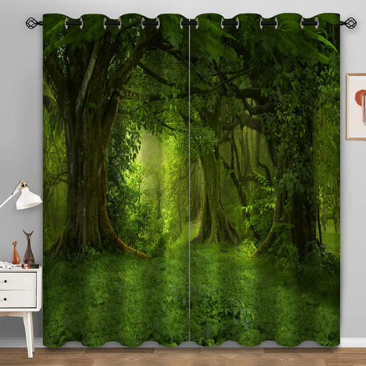 Aimego Forest Blackout Curtains Green Tree Tropical Jungle Rainforest Woodland Window Drapes Decor for Bedroom Living Room Grommet Top Room Darkening Curtains 2 Panel Set, 52"X63"