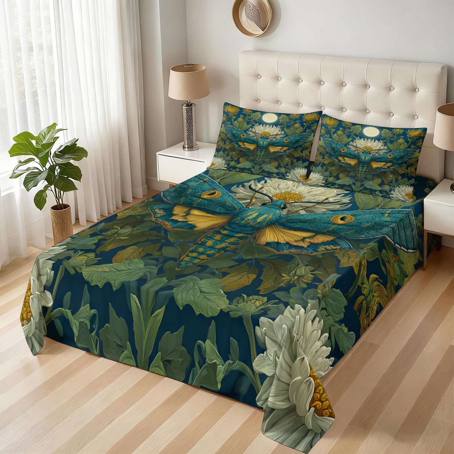 ZAOMIR Blue Gold Moth Bedding King for Adult, Vintage Chrysanthemum Gothic Bed Sheets Set 4 Pcs for Women, Dark Garden Deep Blue Botanical Sheets with 2 Pillowcases & Fitted Sheet & Flat Sheet