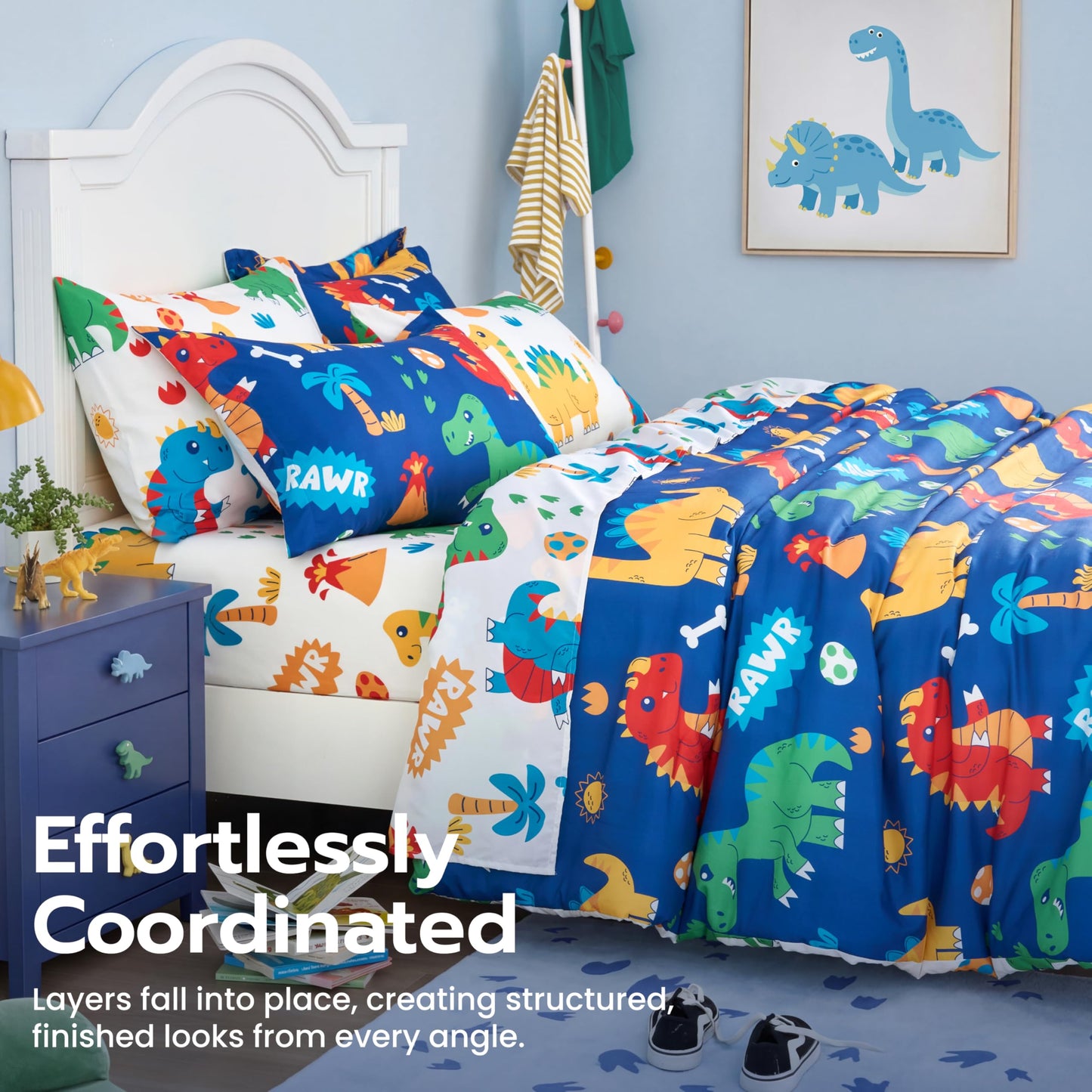 Joiedomi Kids Comforter Set Bedding Set for Boys Girls Super Soft Microfiber Bed in a Bag with Comforter Sheets Pillowcase Sham, Dark Blue Cute Dinosaur, Full