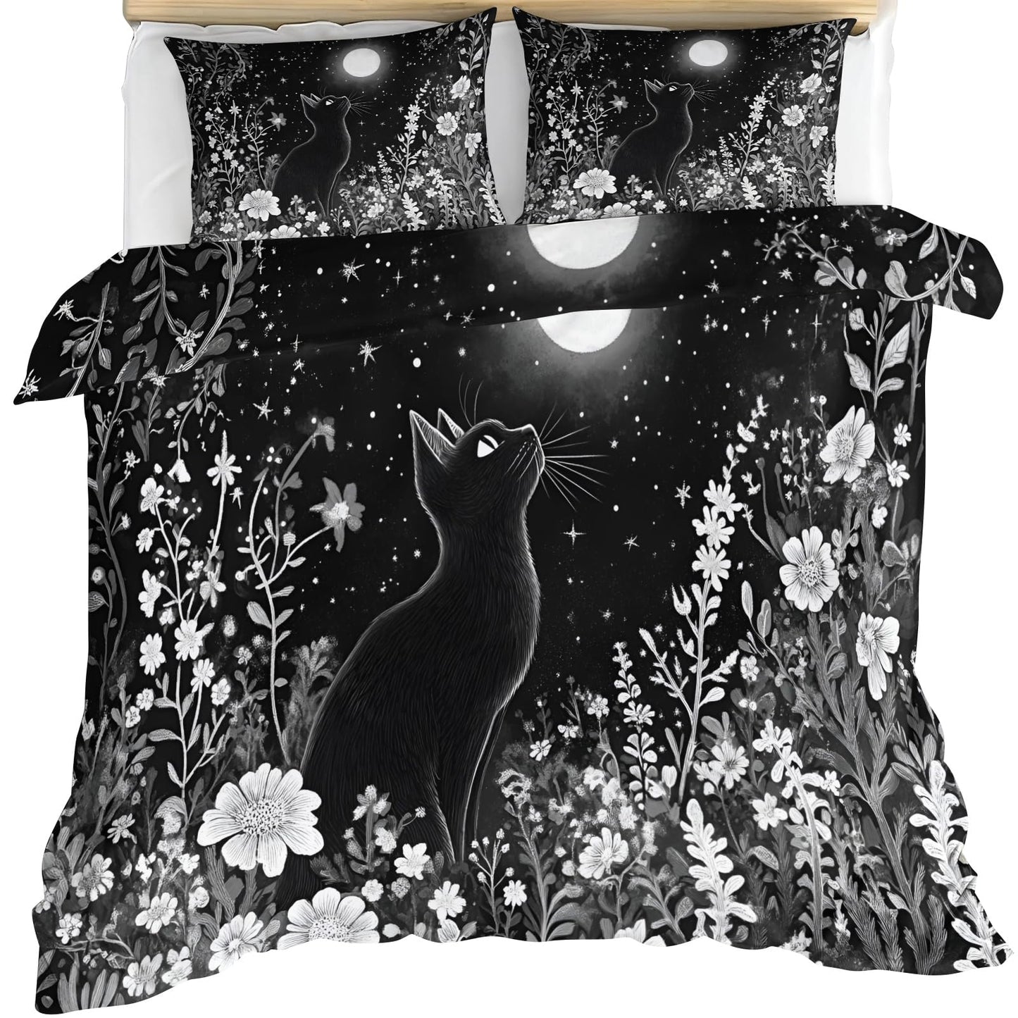 GKPLY Black Cat Moon Bedding Comforters, Monochrome Floral Duvet Cover, Starry Night Artwork Comforter Set Reversible Print, Magical Pets Bedding Duvet Cover & 2 Pillowcases, California King