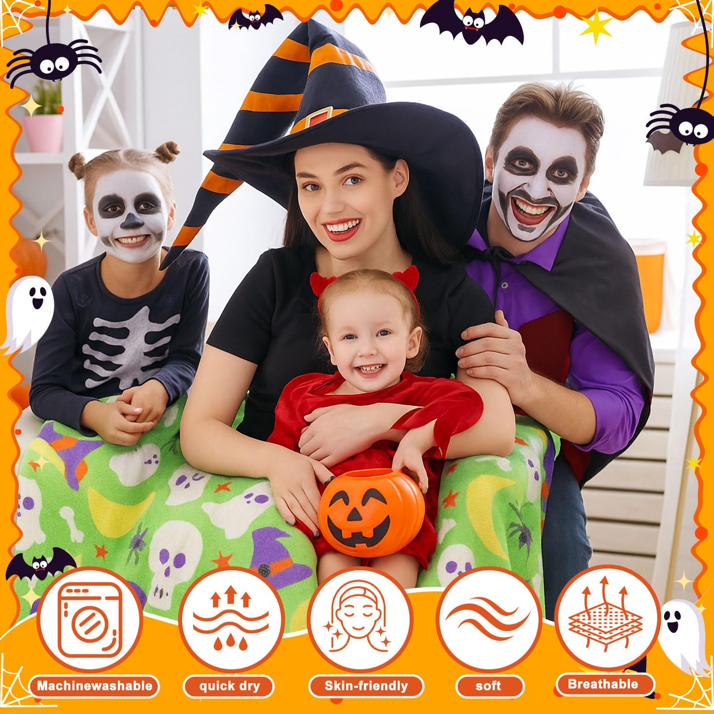 Fanfanwin 4 Pack Halloween Throw Blankets Pumpkin Spider Web Bone Eyes Wizard Hat Moon Soft Flannel Fuzzy Blankets Halloween Cozy Gifts Picnic Home Decor for Sofa Chairs Living Bedroom, 50 x 60 Inch
