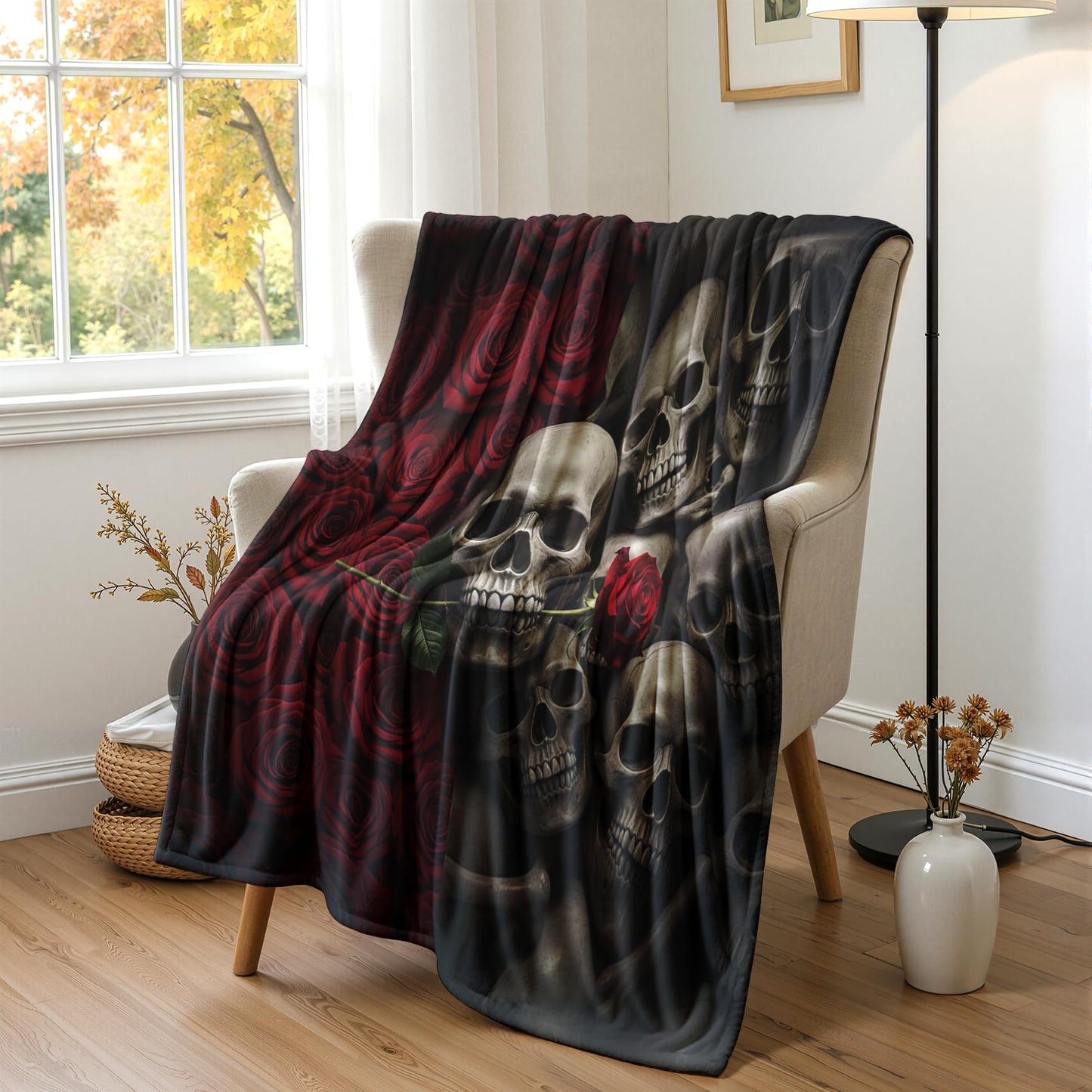 GEDAEUBA Skull Blankets for Adults - Gothic Skeleton Red Rose Fleece Blanket Throw, Soft Cozy Blankets & Throws for Couch, Bed, and Sofa, 50x60 inches