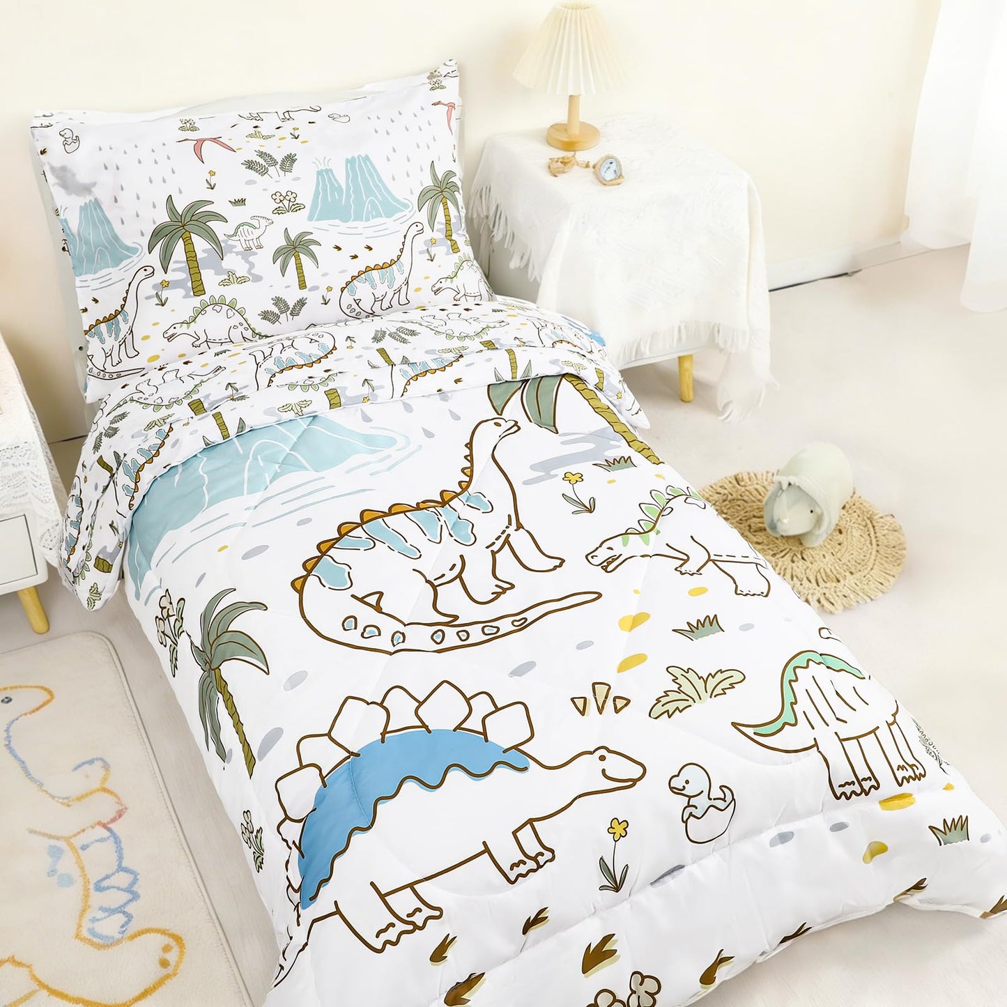 SWESEN Toddler Bedding Set for Boys, Cute Dinosaurs Toddler Boy Bedding Set, Soft & Lightweight 4 Piece Toddler Comforter Sets Include Comforter, Flat Sheet, Fitted Sheet, Pillowcase