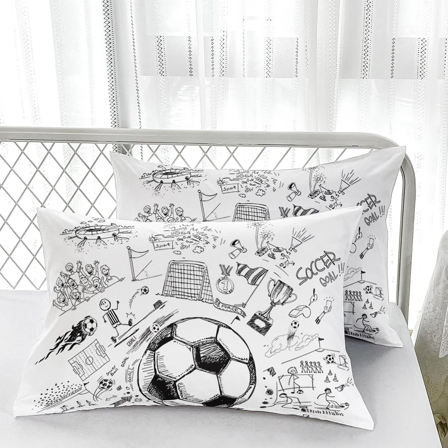 Nttopship Soccer Kids Sheet Set, Queen Size, 3D Football Pattern Bed Sheet, Black White Unique Bed Sheet Set 4pcs (Fitted + Flat + 2 Pillowcases)