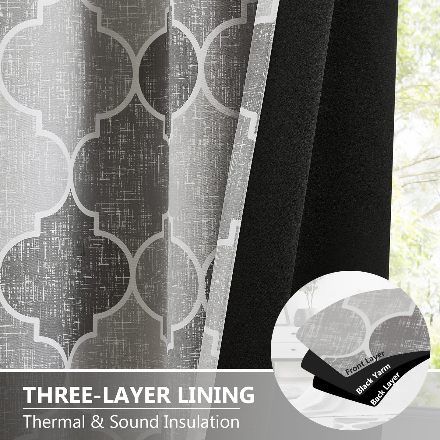 Ronaldecor Full Blackout Curtains 84 Inches Long 2 Panels Gray Moroccan Lattice Patterned Drapes Room Darkening Thermal Insulated Grommet Top Window Treatments Sets for Bedroom Living Room, 52" W