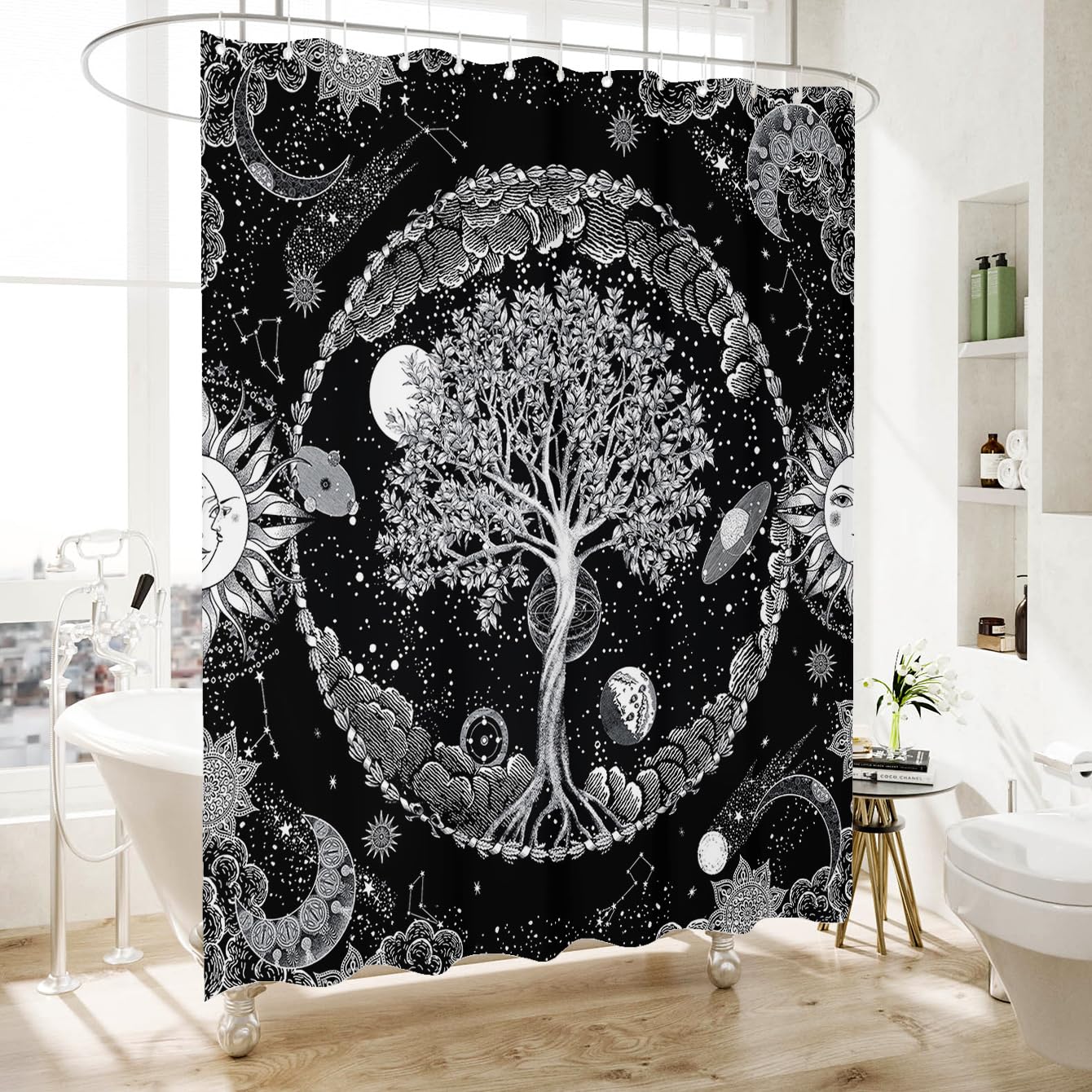 HMS Happy Memories Bohemian Plant Boho Floral Print Shower Curtain, Polyester Fabric Cloth for Bathroom Decor 72×72 Inch Standard Size with 12 Hooks, Also as Room Divider (Black Tree)