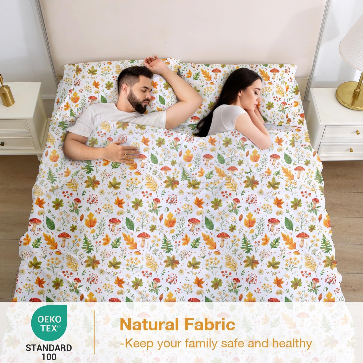 Softan Orange Floral Full Size Sheet Set, Printed Microfiber Fitted Sheet with 15" Deep Pockets & Non-Slip Straps, Maple Leaves & Mushroom Patterned Double Bedding Sheets & Pillowcase Set