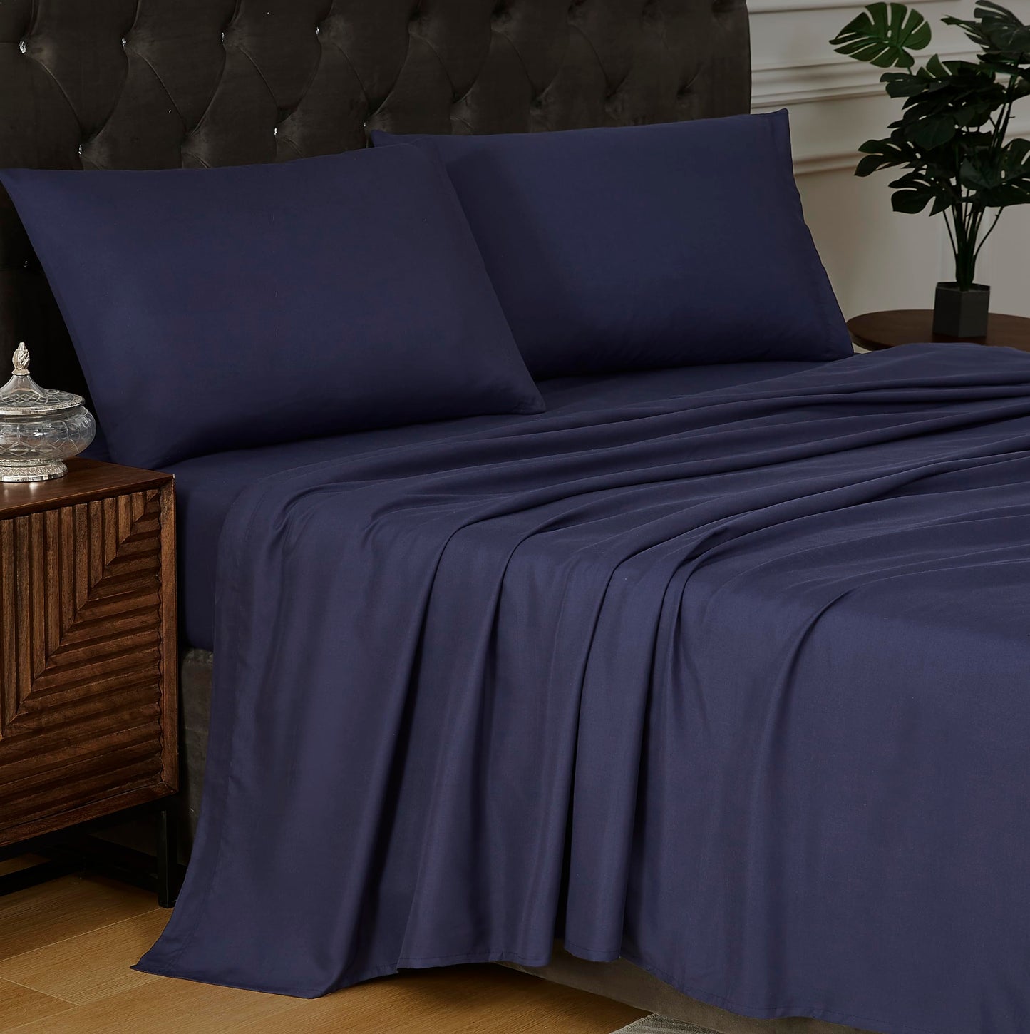 King Size Navy Blue Microfiber Sheet Set- Soft Finish, Lightweight 4-Piece Bed Set, Deep Pocket Fits Up to 14", Lightweight, Wrinkle Resistant, Quick Dry, by Linen Closet