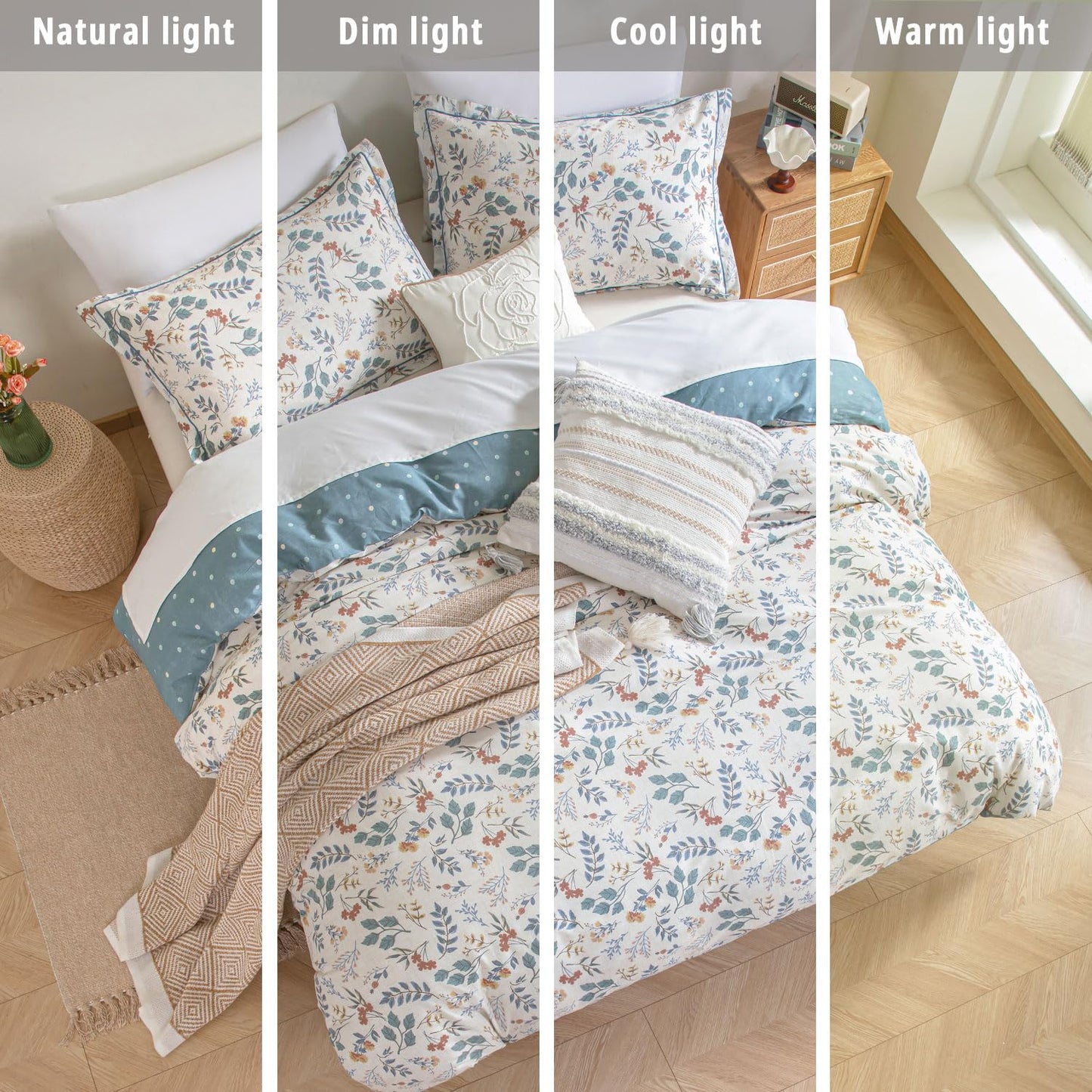 LEMIROE Botanical Cotton Comforter Queen Size - Lake Green Comforter with Dusky Blue & Warm Rust Leaves on Ivory,Reversible Lightweight Bedding Sets 3Pcs(Polka Dot)
