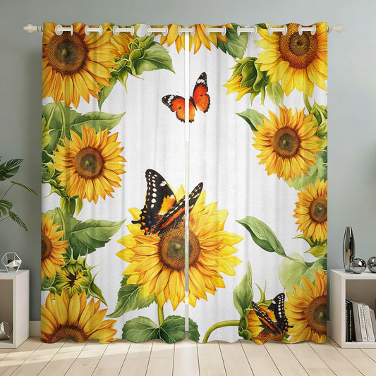 Watercolor Sunflower Orange Butterfly Print Grommet Top Blackout Curtains, Farmhouse Yellow Floral Thermal Insulated Window Drapes for Living Room Apartment Kitchen Decor, 2 Panels, 29.5"W x 45"L