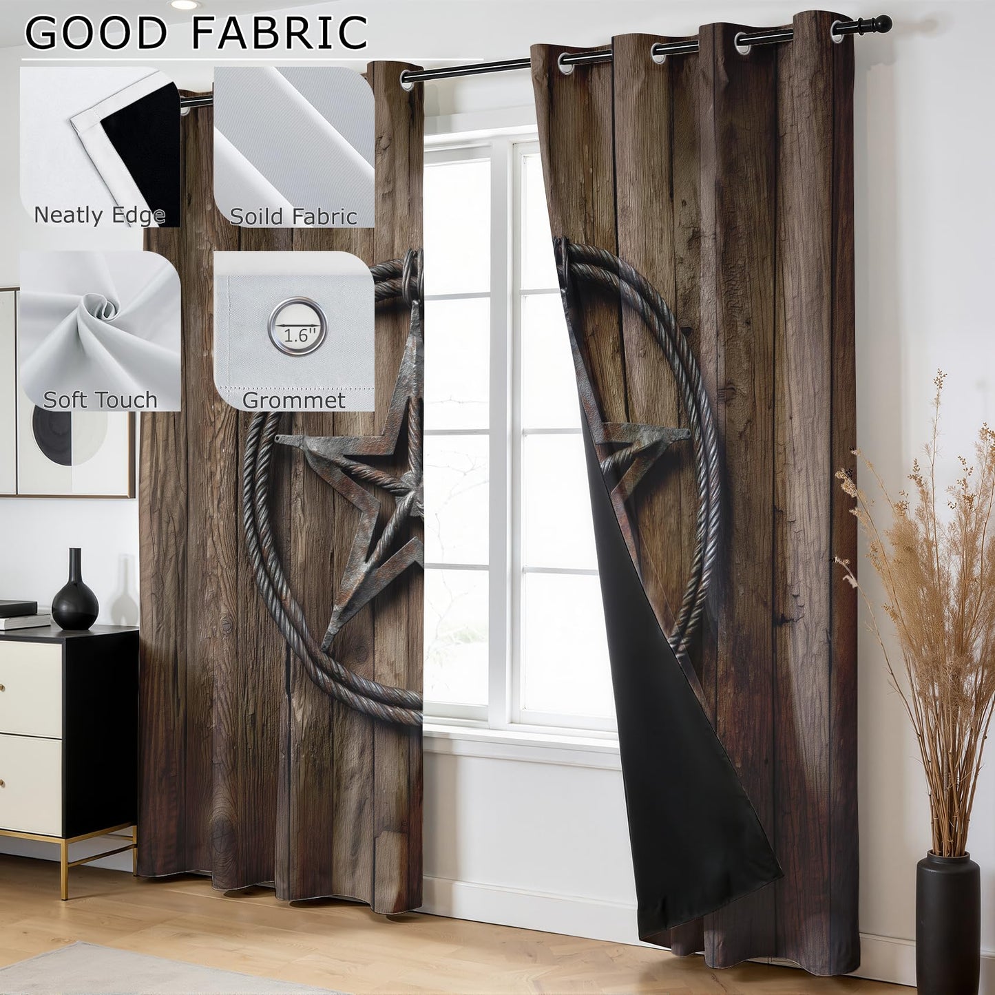 Solvivae Rustic Barn Door Curtains 54 Inch Length, Texas Star Blackout Curtains for Bedroom Living Room, Room Darkening Thermal Insulated Grommet Drapes, Western Window Curtain