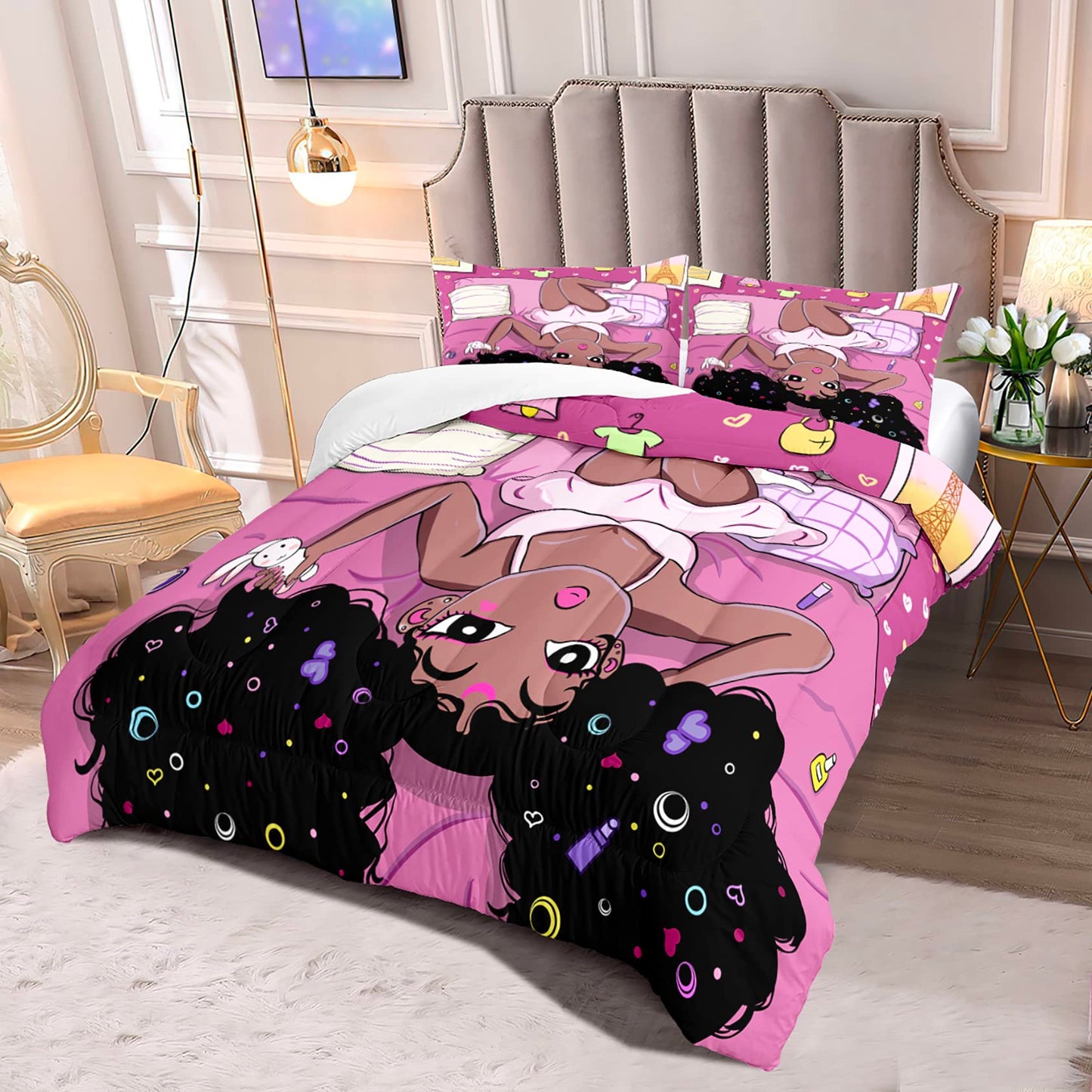 Jiospet Black Girl Comforter Set African Girls Full Comforter Set, Girl Full Size Girls Bedding Set, Full Size Comforter Sets for Teen Adults, Pink, 1 Comforter+2 Pillowcases