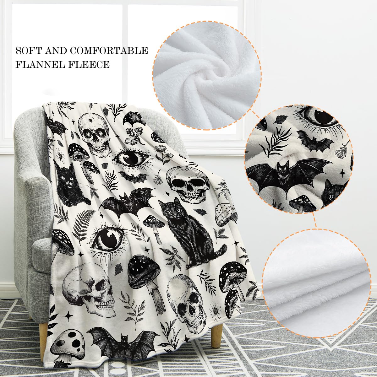 Jekeno Gothic Skull Blanket Cat Bat Mushroom Gifts for Women Men Kids Girls Boys Mom Wife Husband Dad Halloween Birthday Christmas Skeleton Horror Dark Presents Home Bedroom Room Decor Throw 50"x60"