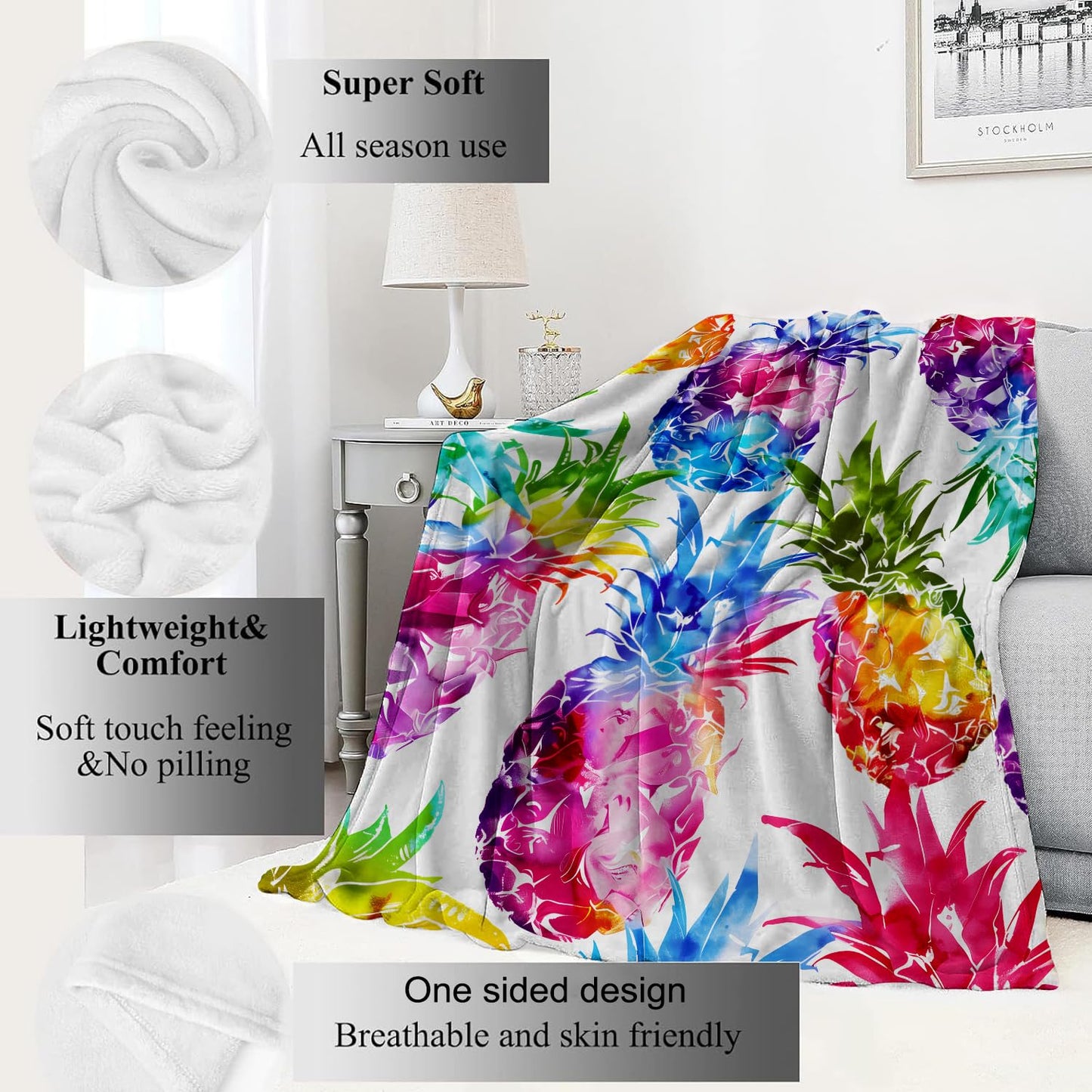 VODRM Pineapple Blanket Vibrant Tropical Fruit Throw Blankets with Rainbow Hues,Birthday Gifts for Kids Adult & Food Lovers,Lightweight Soft Fleece,for Sofa Couch Bed Room Summer Decor 50x60in