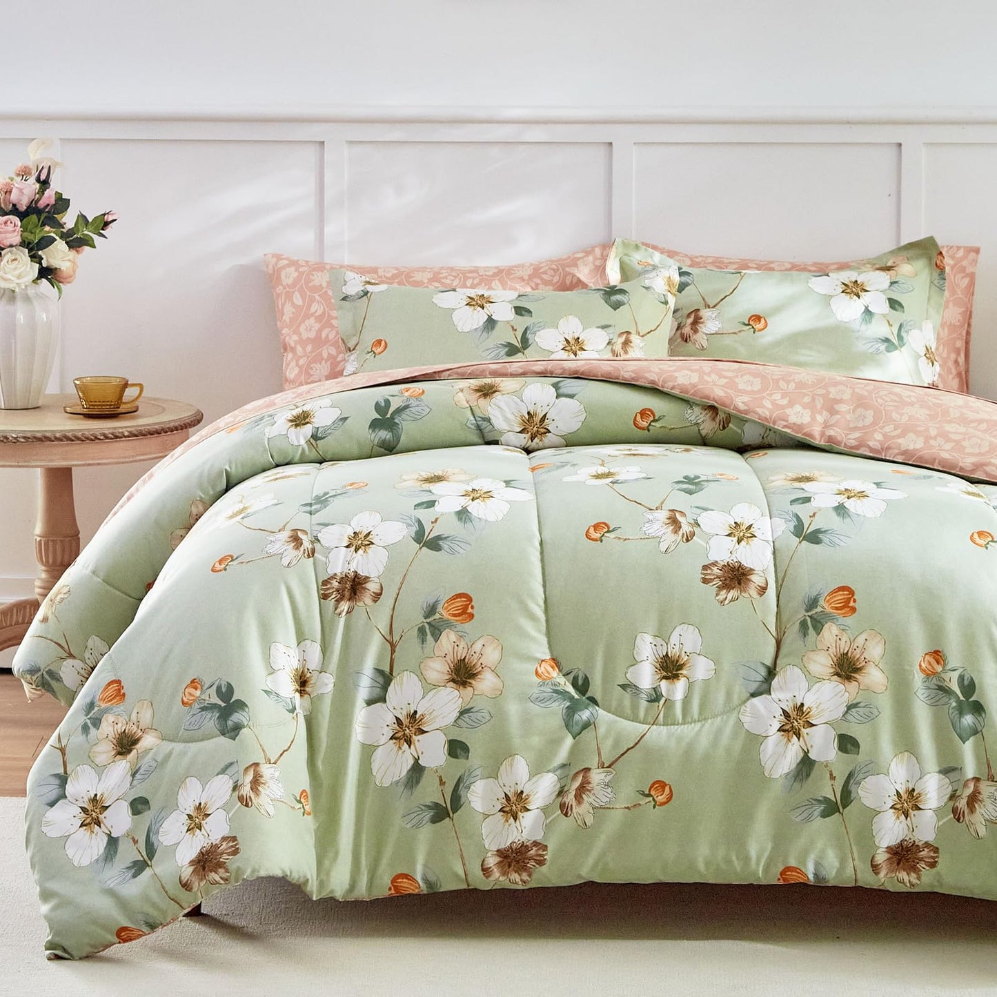 AIKASY 7 Piece Floral Comforter Set King Size - Soft Microfiber Bed in a Bag with Sheet Set for All Seasons - Green Flower Botanical Design - Reversible Bedding Set