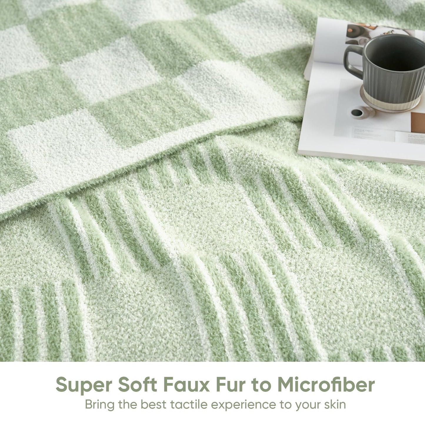 Snuggle Sac Sage Green Checkered Throw Blanket, Super Soft Reversible Cozy Warm Faux Fur Blankets for Couch Bedroom,Cute Lightweight Striped Throws for Women,Heather Sage Green,50x60 inches