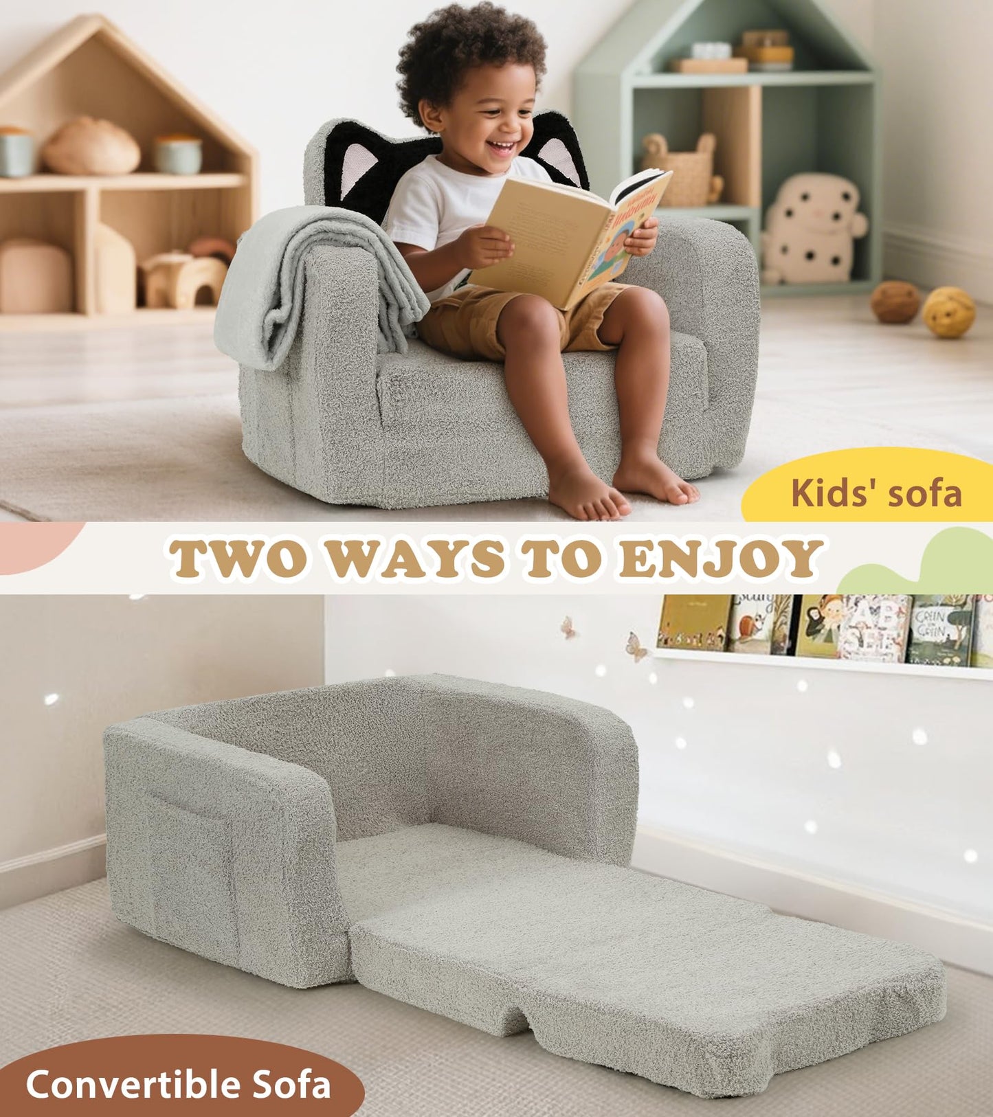 Foryoomi Upgraded Kids Couch, 2-in-1 Soft Top-Flip Fold Out with Blanket, Comfy Convertible Plush Sofa Chair, Great Gifts for Little Ones, Husky