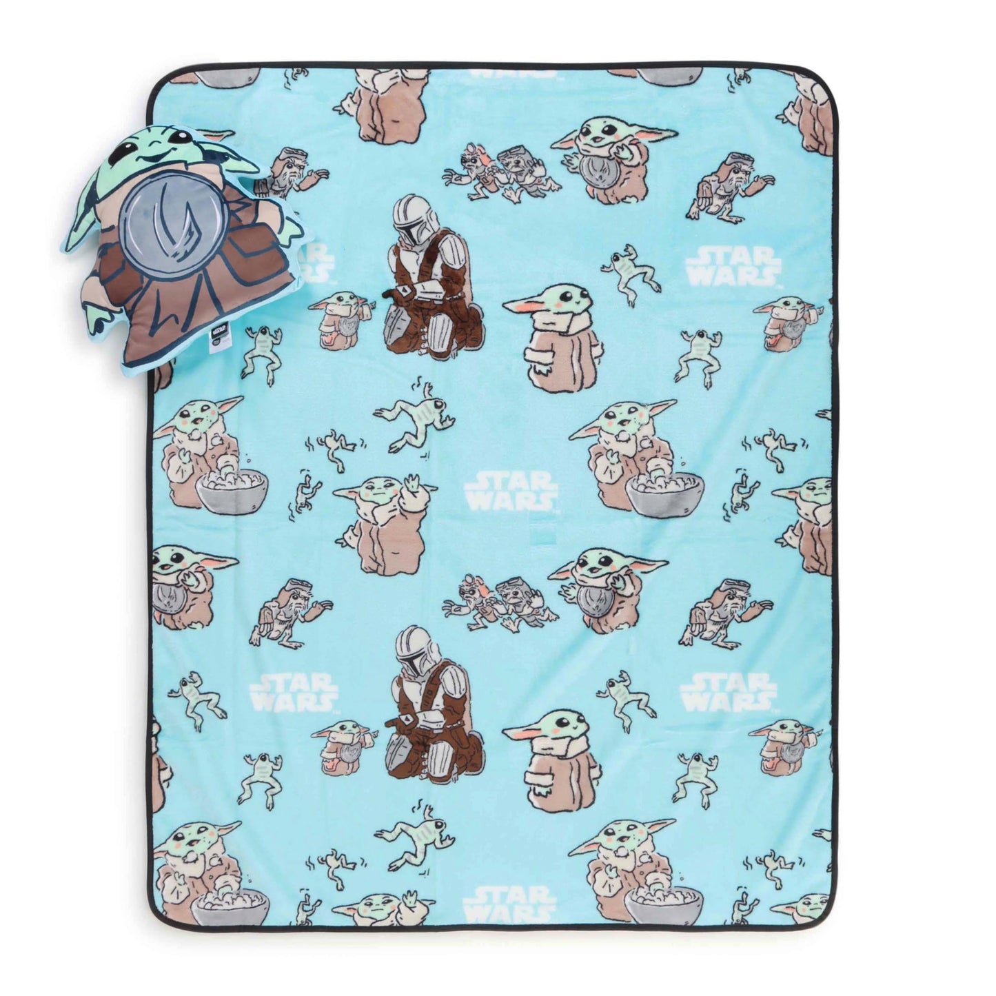 Jay Franco Kids Nogginz Set – 12" Inches Nogginz Pillow & 40" x 50" Inches Cozy Plush Throw Blanket, Ultra-Soft Character Nap Set for Travel, Bedroom & Couch Décor, Multi - Star Wars Mandalorian