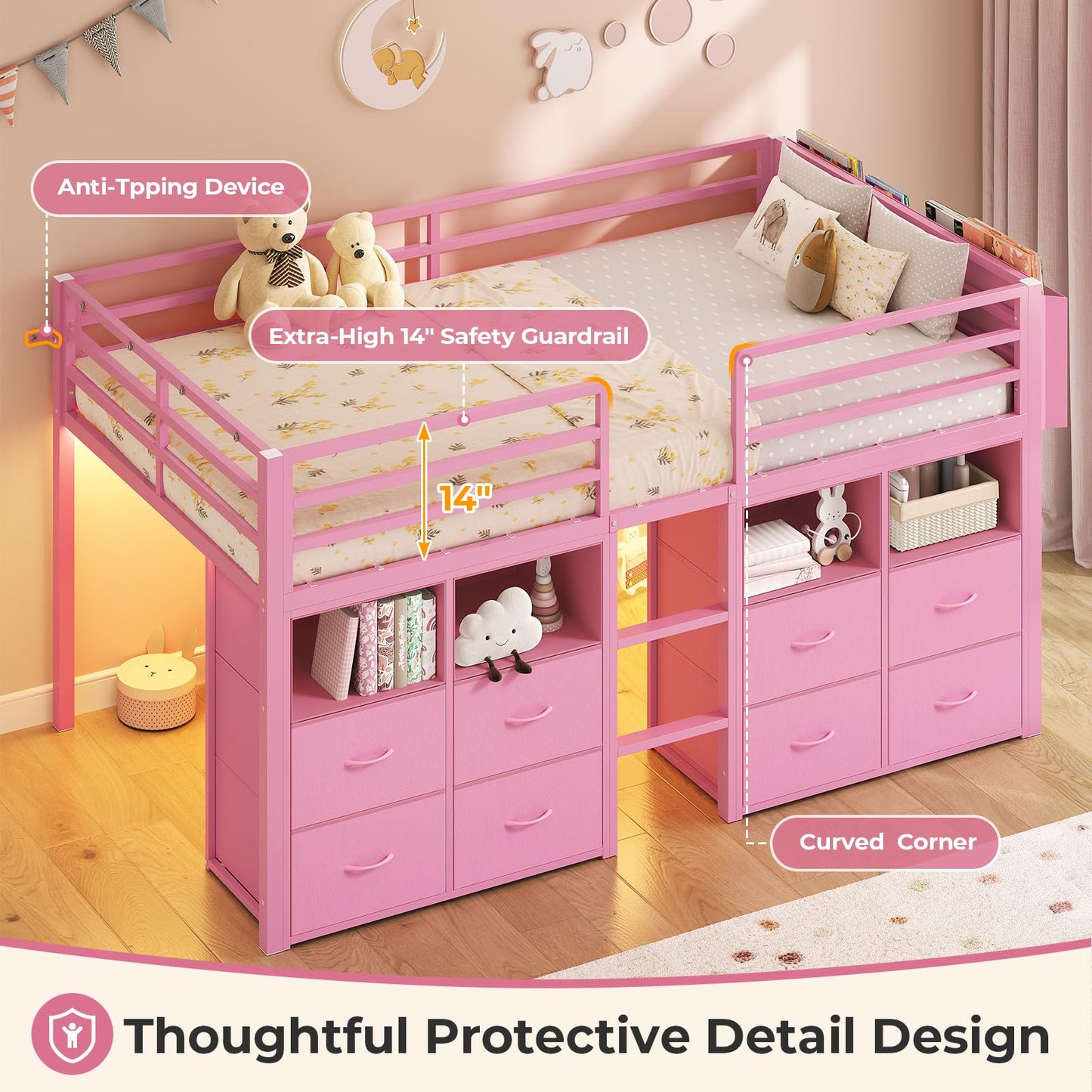 ADORNEVE Low Loft Bed Twin Size with 8 Storage Drawers, Twin Loft Bed with Bookcase and LED Lights, Metal Kids Loft Bed with 14" H Safety Guardrail, Under-Bed Play Space, No Box Spring Needed, Pink