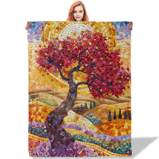 Plistiz Colorful Tree Flannel Throw Blanket for Autumn and Nature Lovers, Lightweight Warm Soft Cozy Abstract Mosaic Art Print Blankets, Sofa Couch Bed Living Room Home Office Decor Gifts, 50"x60"