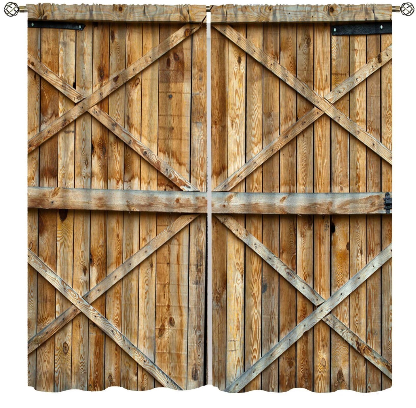 Wood Barn Door Decor Curtain, Natural Farmhouse Rustic Warm Double Wooden Door Pattern Print Rod Pocket Window Treatments, for Living Room Bedroom 42" W X 45" L