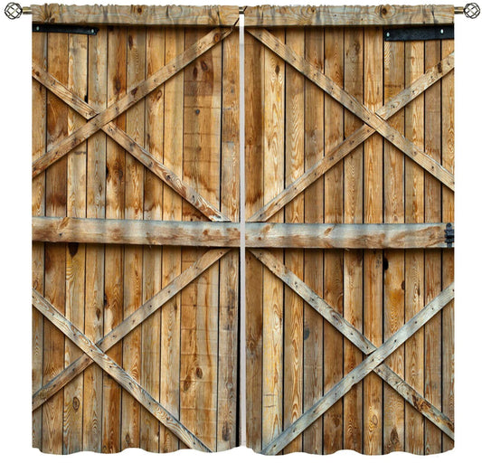 Wood Barn Door Decor Curtain, Natural Farmhouse Rustic Warm Double Wooden Door Pattern Print Rod Pocket Window Treatments, for Living Room Bedroom 42" W X 45" L