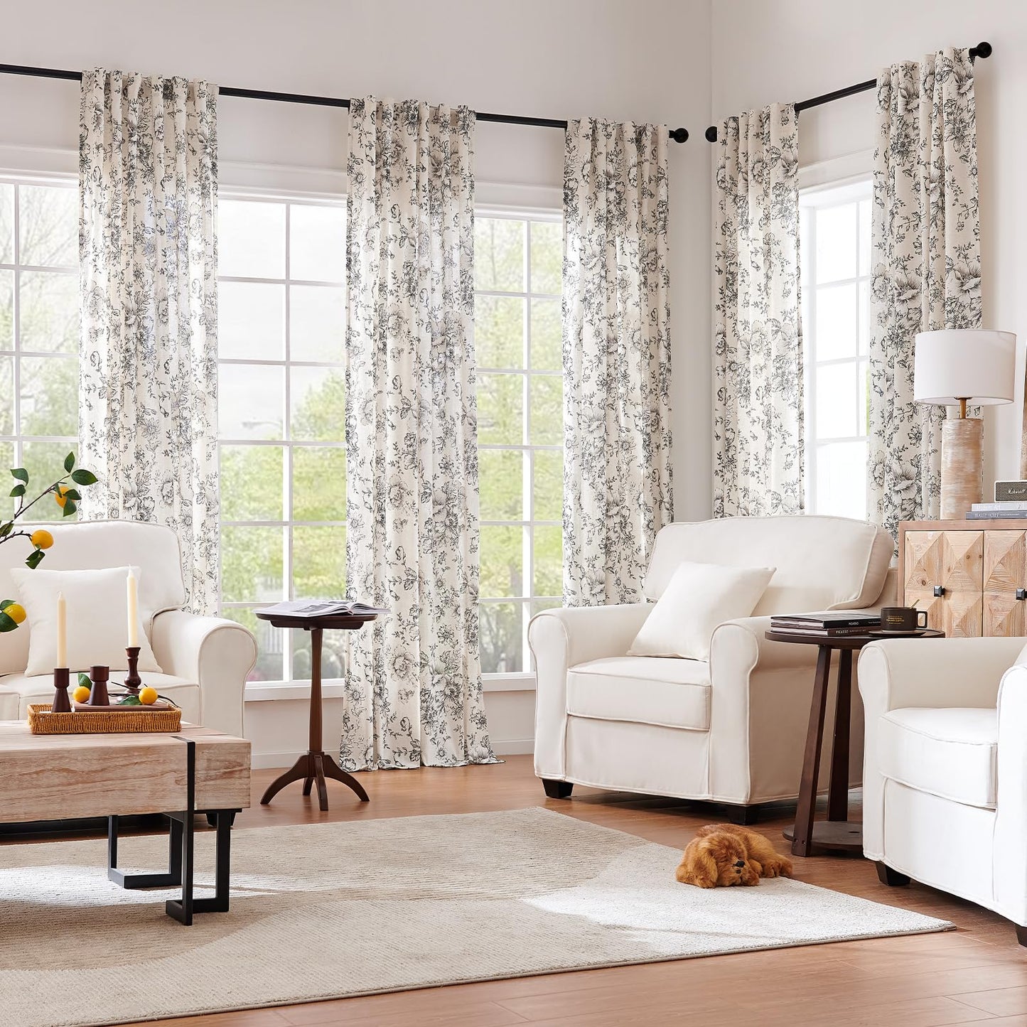 jinchan Floral Curtains for Living Room 84 Inch Length Farmhouse Printed Curtain Rod Pocket Back Tab Black Peony Flower Patterned Drapes Bedroom Window Curtains Set 2 Panels 25% Linen 75% Polyester