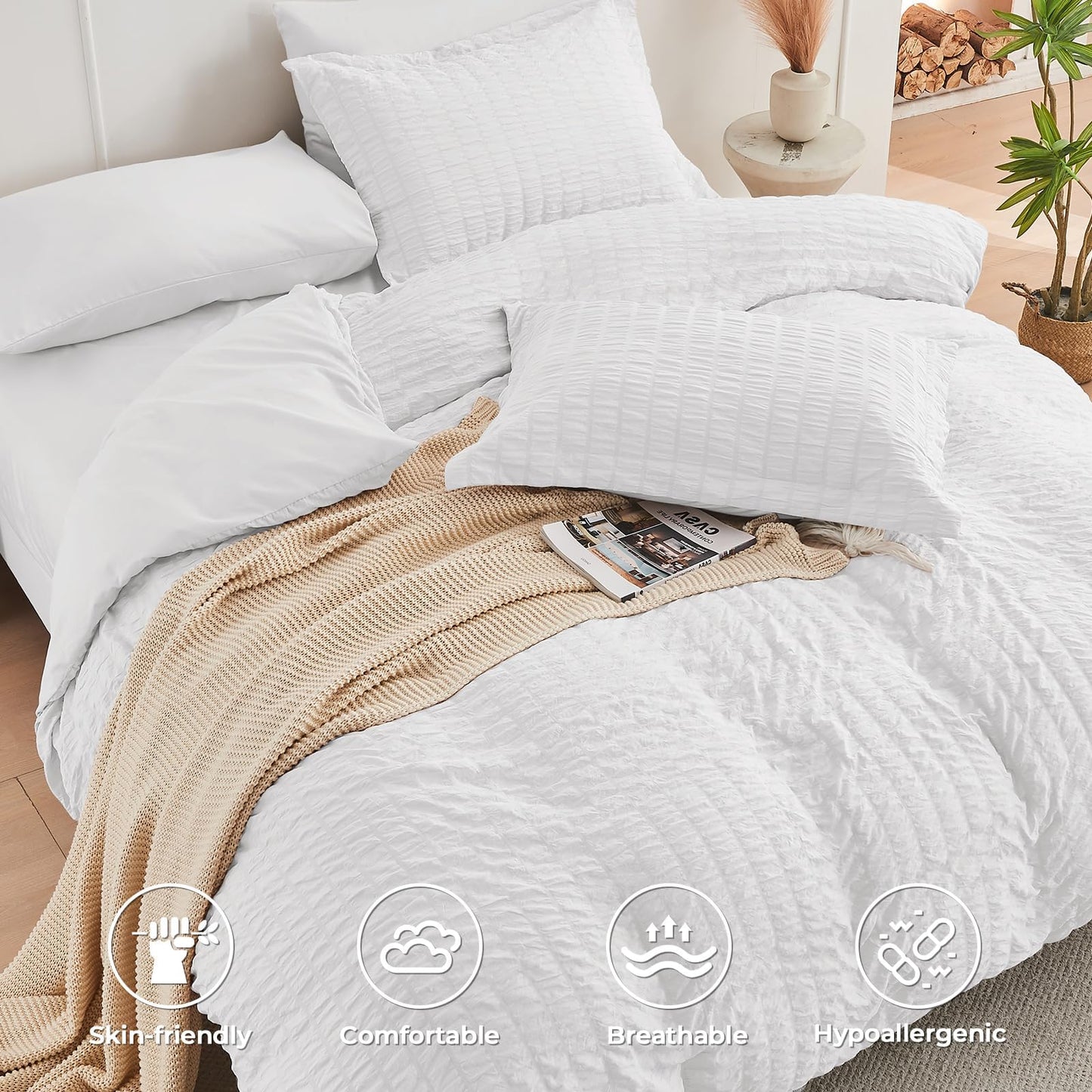 HYMOKEGE White Twin Comforter Set Seersucker 5 Pieces, All Season Luxury Bed in a Bag for Bedroom, Bedding Set with Comforters, Sheets, Pillowcase & Sham