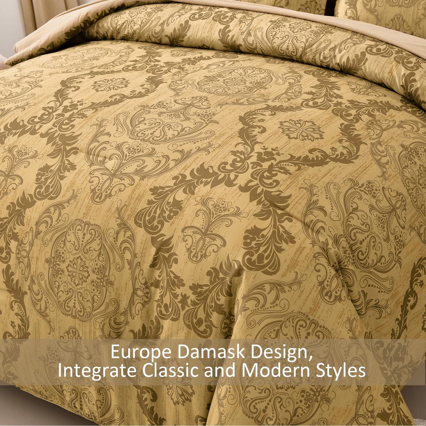 WONGS BEDDING Gold Comforter Set Queen Size, Damask Texture Design 7 Pieces Bed in a Bag Microfiber Comforter Bedding Sets -1 Comforter, 1 Flat Sheet, 1 Fitted Sheet, 2 Pillow Shams, 2 Pillowcases