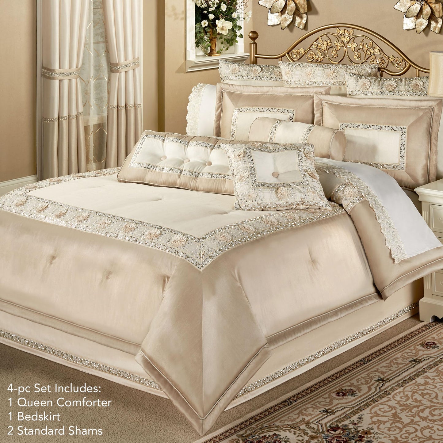 Luxury Elegante Sophisticated Polyester Faux Silk Queen Bedding | Light Cream Ivory Metallic Gold | Sequins Embroidery Floral | 4 Piece Set includes Comforter, Bedskirt, and Two Standard Shams