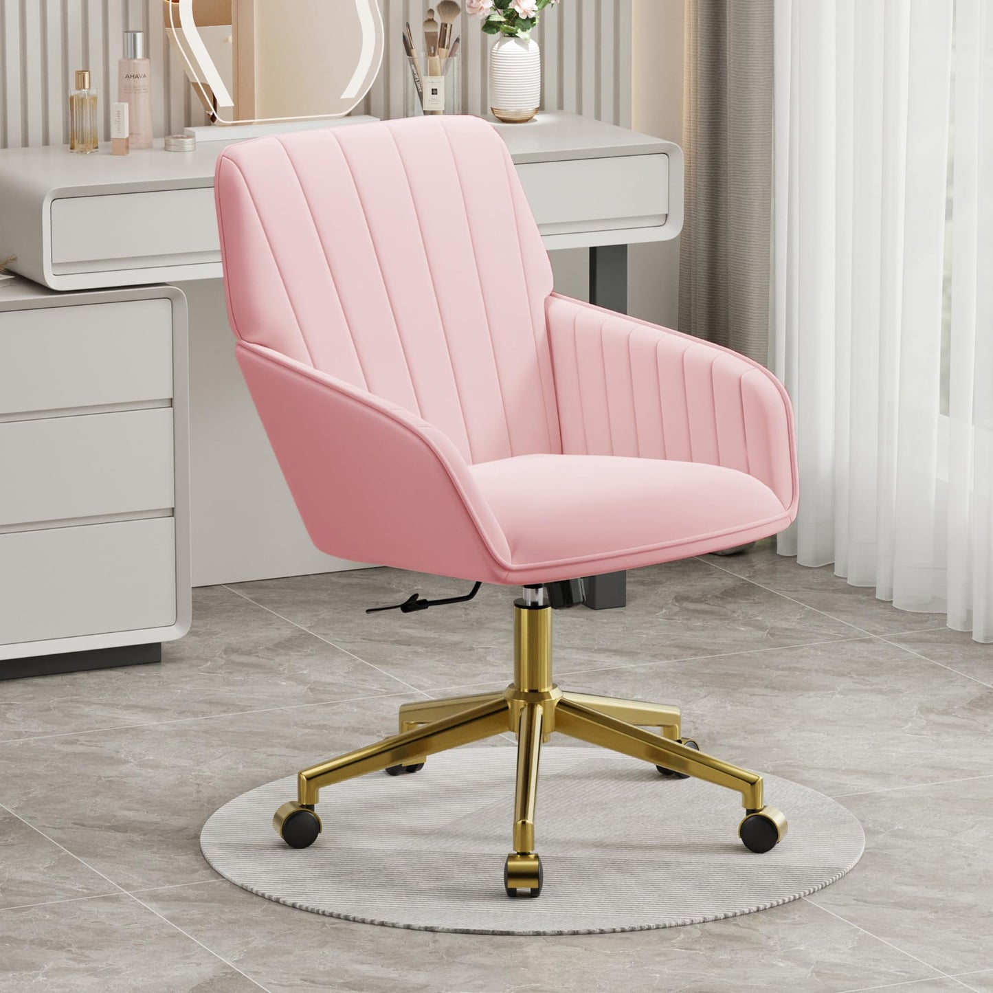 YITAI Velvet Office Desk Armchairs with Gold Base and Wheels,Modern Height Adjustable 360 Degree Swivel Upholstered Vanity Chairs for Living/Room Bedroom/Study,Pink